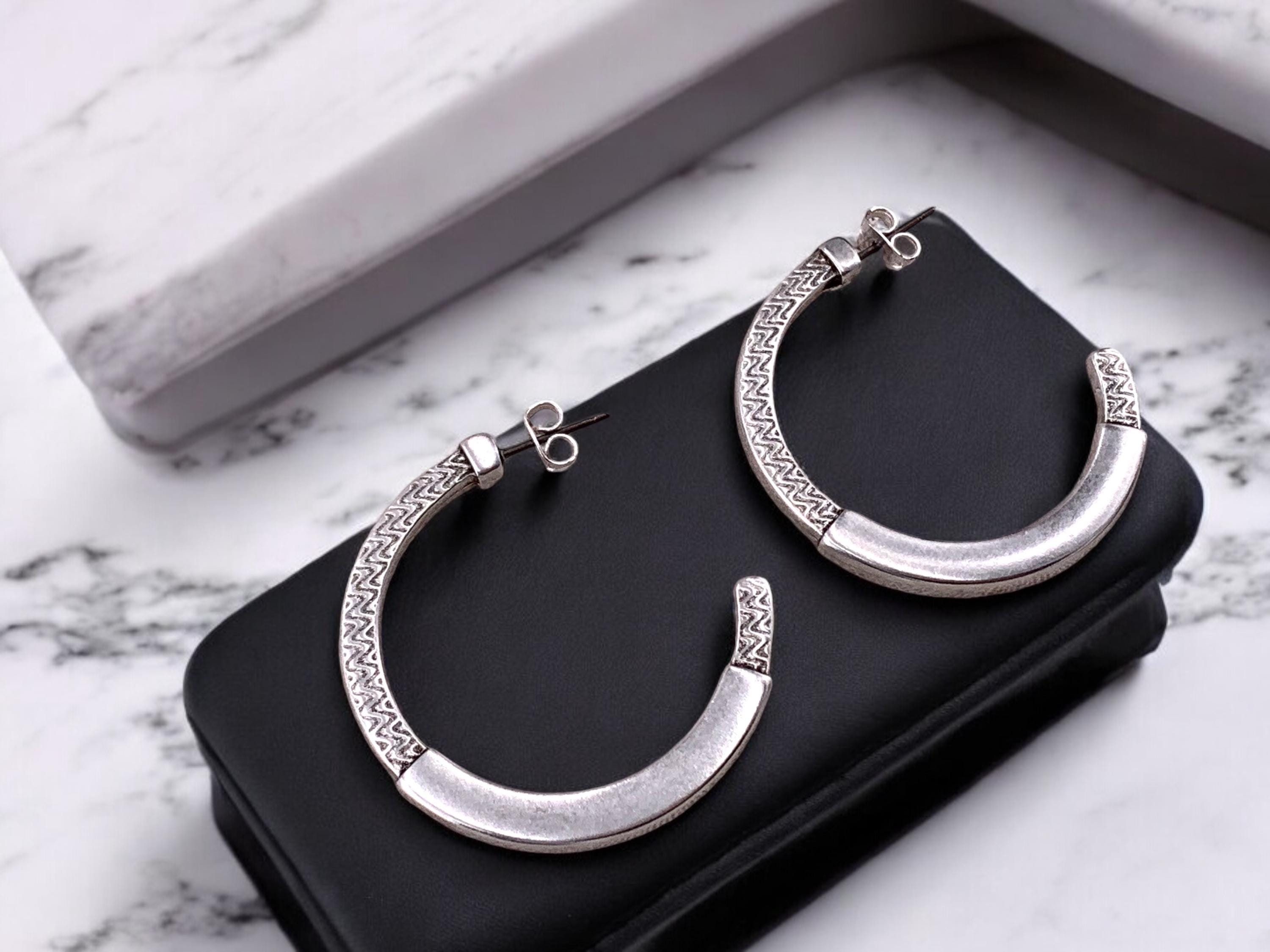 Oversized chunky silver hoops, big size engraved earrings -hypoallergenic jewelry