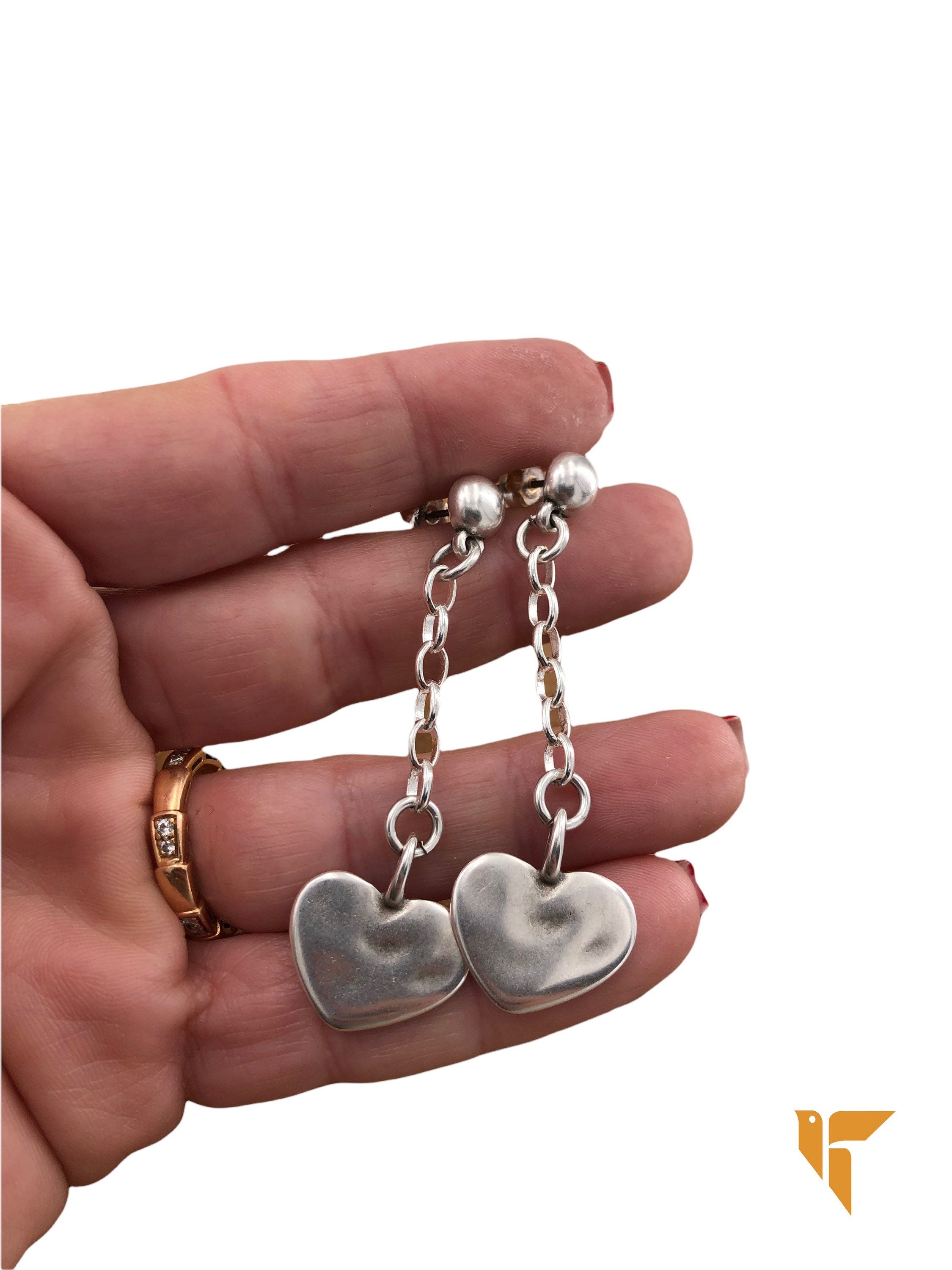 Silver Heart Chain Earrings, Romantic Boho Dangle, Handmade Kukuri Jewelry