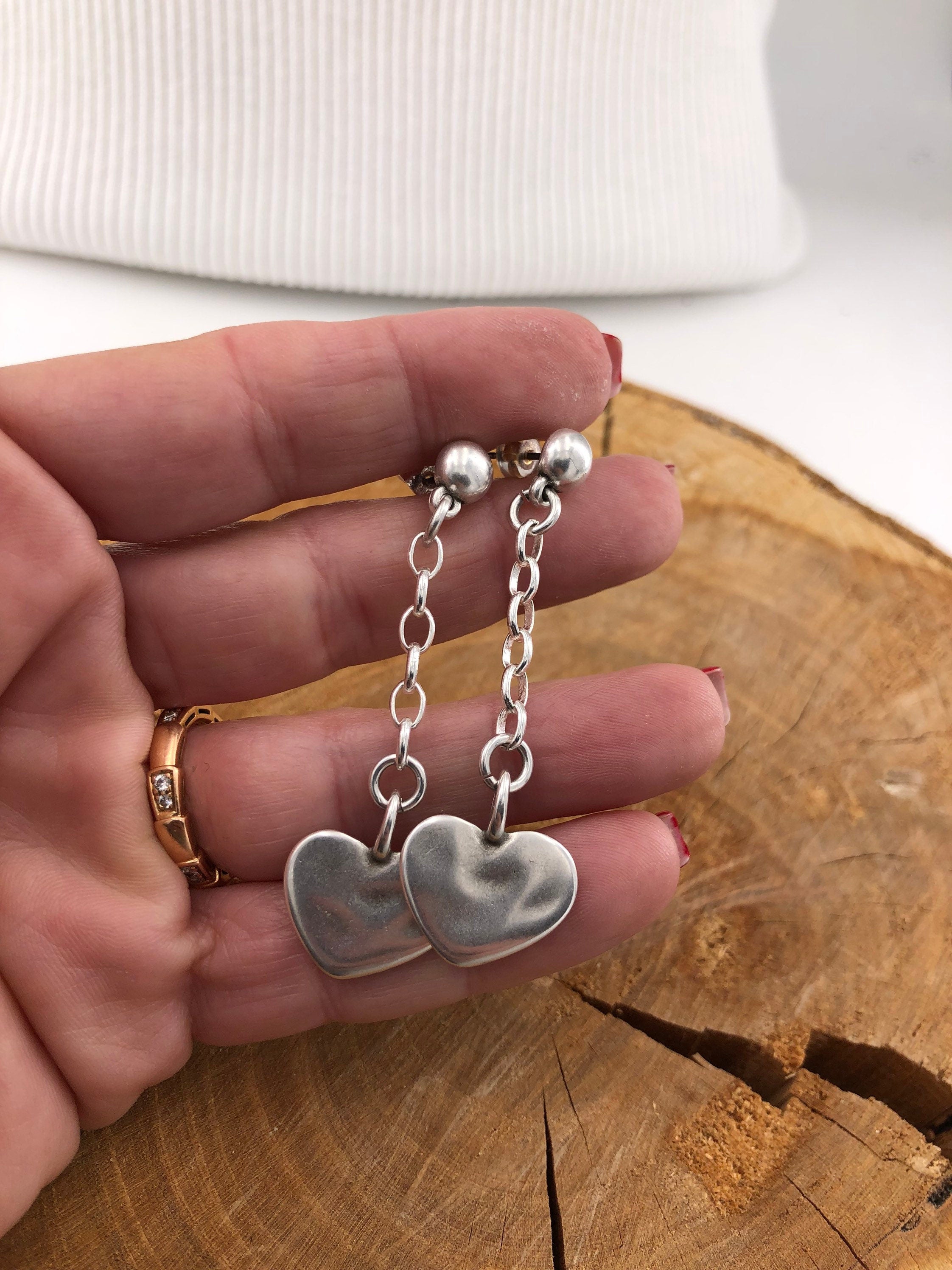 Silver Heart Chain Earrings, Romantic Boho Dangle, Handmade Kukuri Jewelry