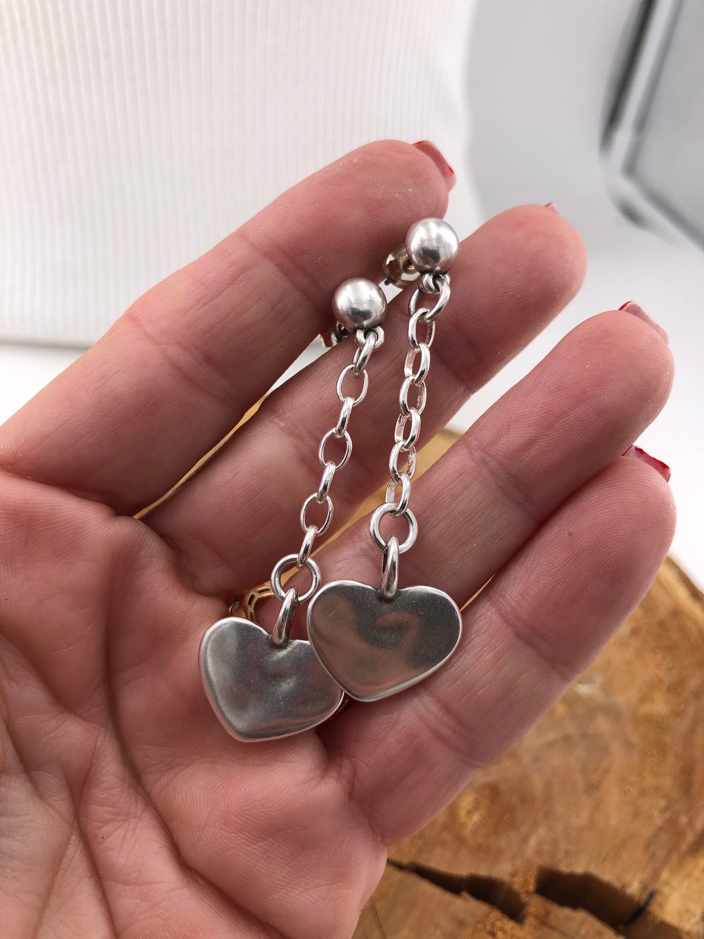 Silver Heart Chain Earrings, Romantic Boho Dangle, Handmade Kukuri Jewelry