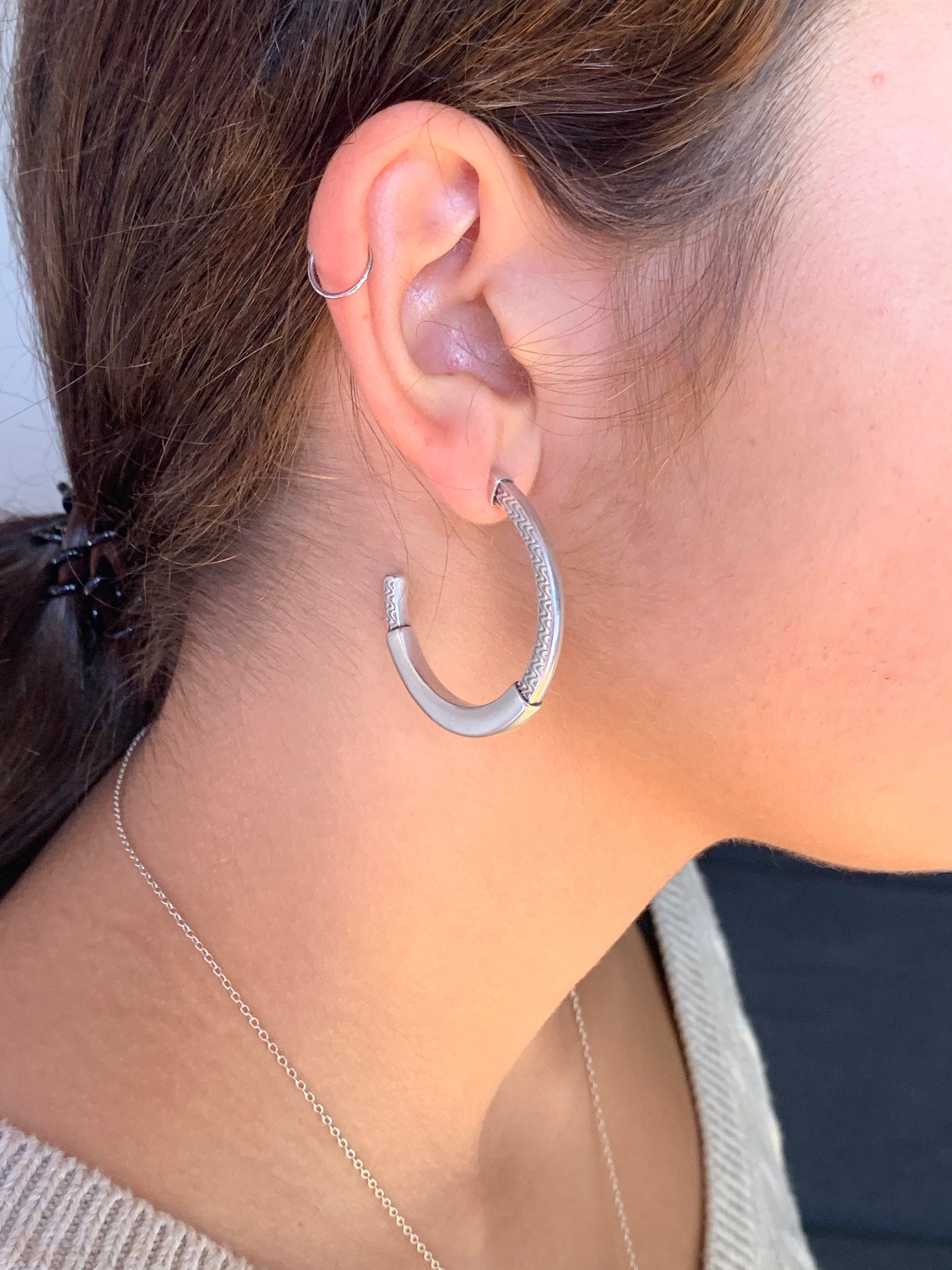 Oversized chunky silver hoops, big size engraved earrings -hypoallergenic jewelry