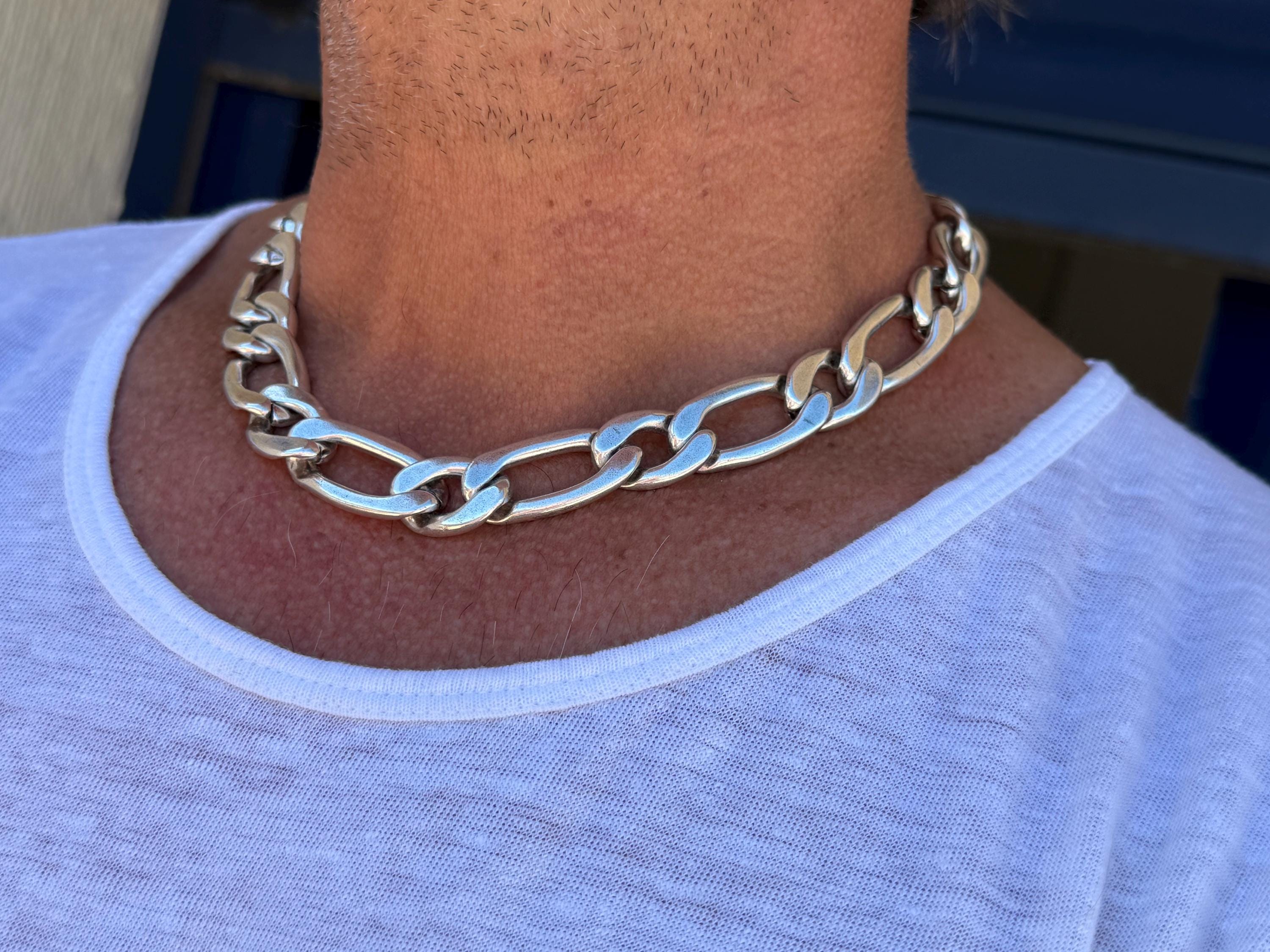 Chunky silver plated Cuban curb chain necklace for men, rock style masculine jewelry