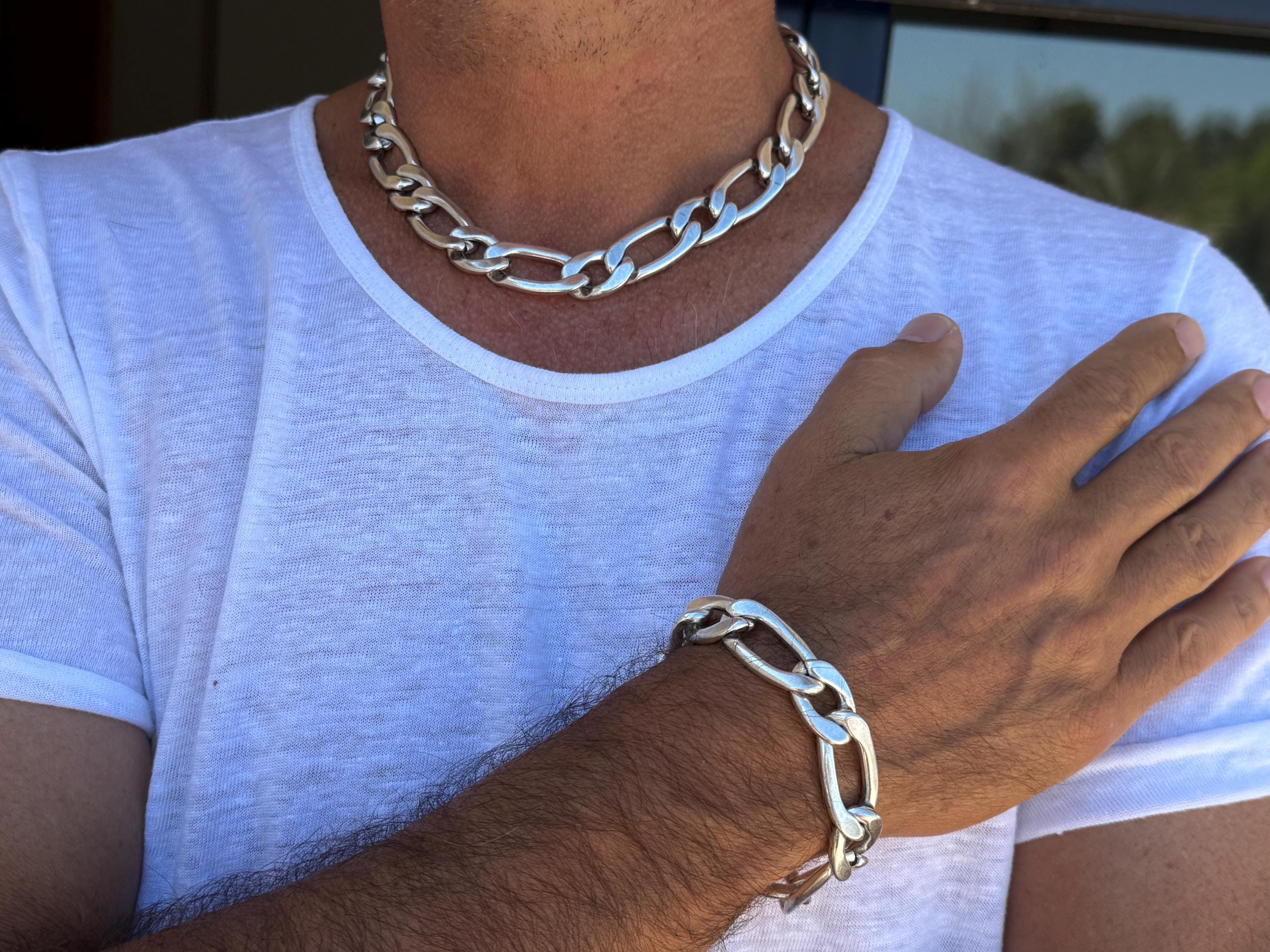 Chunky silver plated Cuban curb chain necklace for men, rock style masculine jewelry