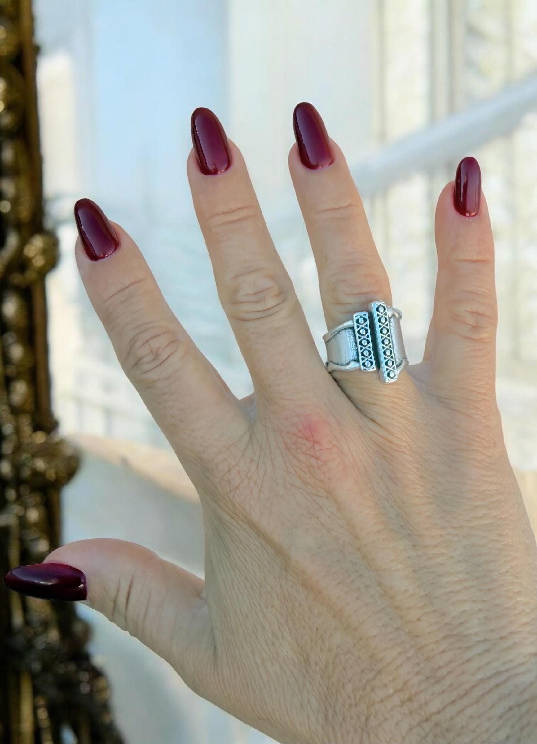 Chunky wide open silver ring with rustic ethnic style engraved design, bulky unisex