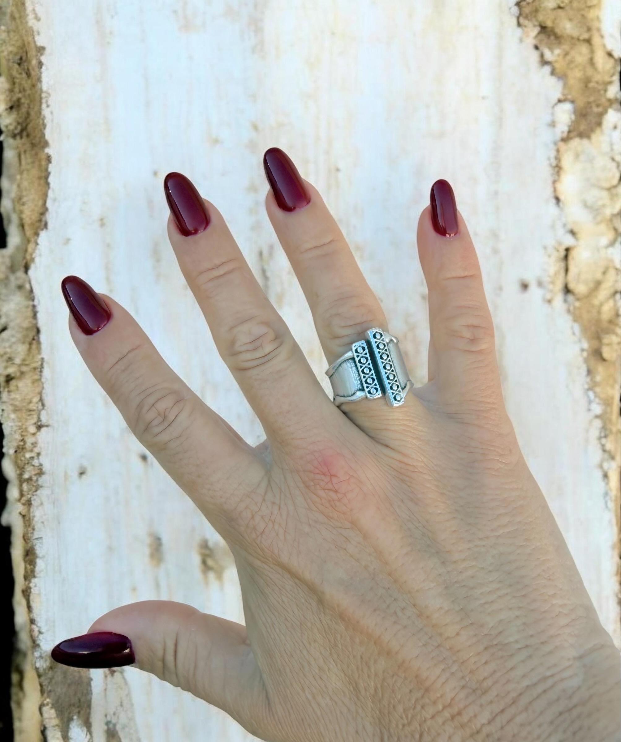 Chunky wide open silver ring with rustic ethnic style engraved design, bulky unisex