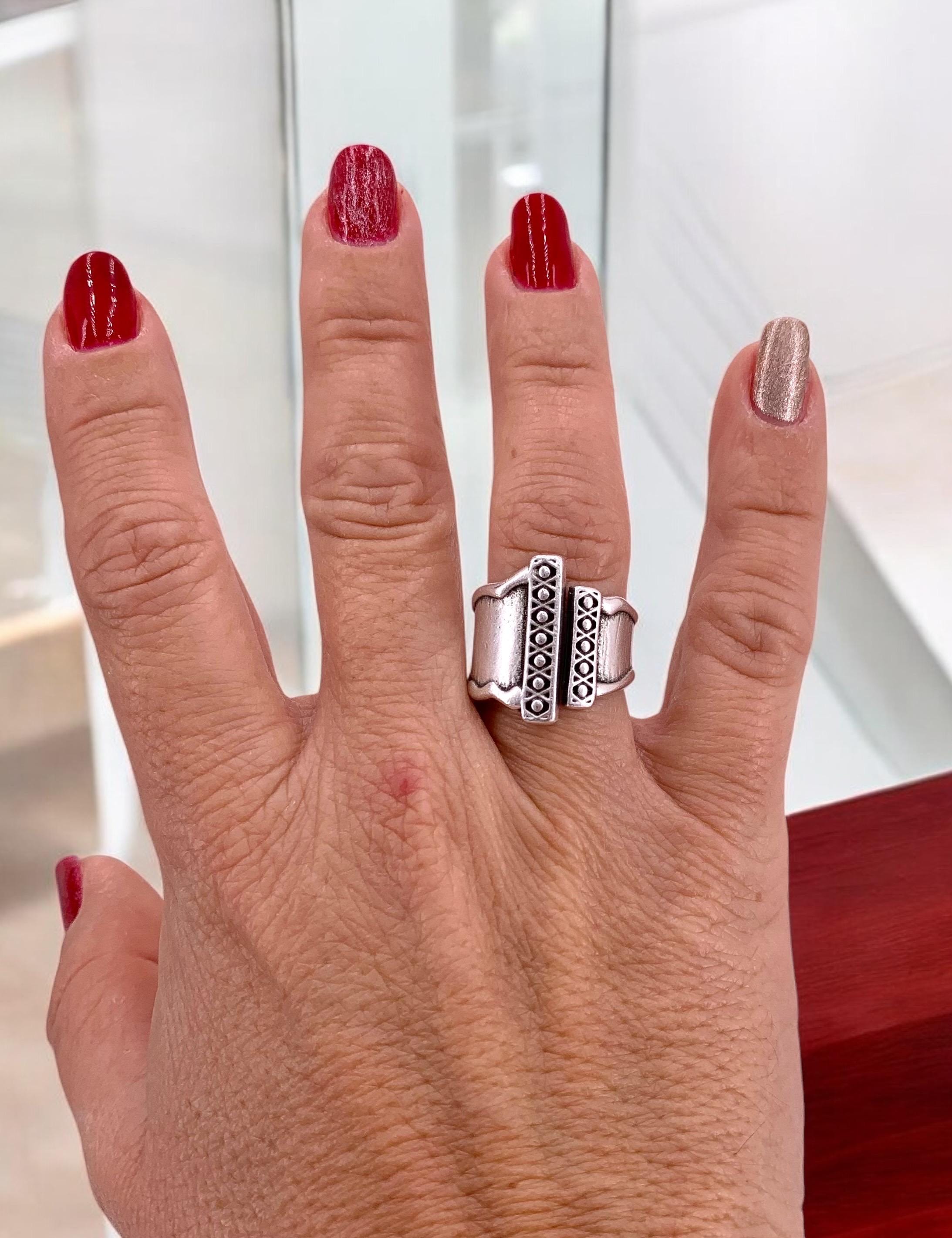 Chunky wide open silver ring with rustic ethnic style engraved design, bulky unisex