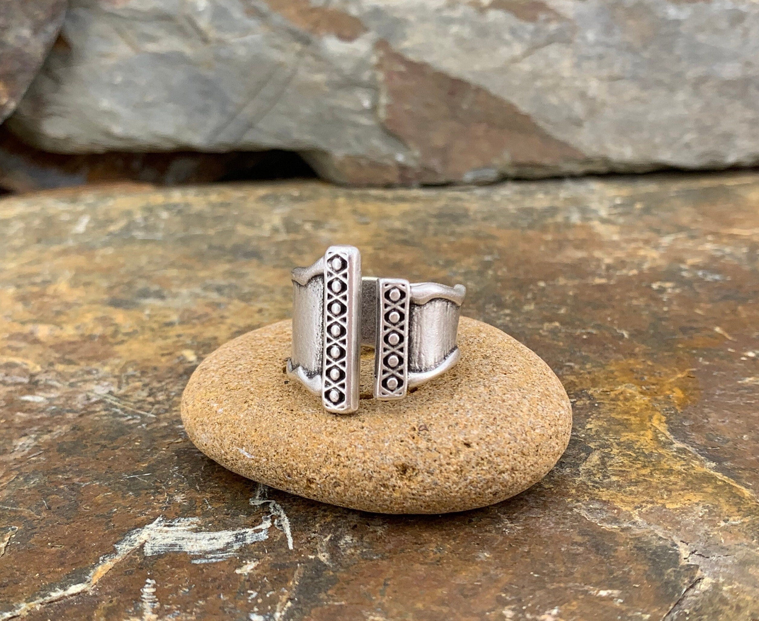 Chunky wide open silver ring with rustic ethnic style engraved design, bulky unisex