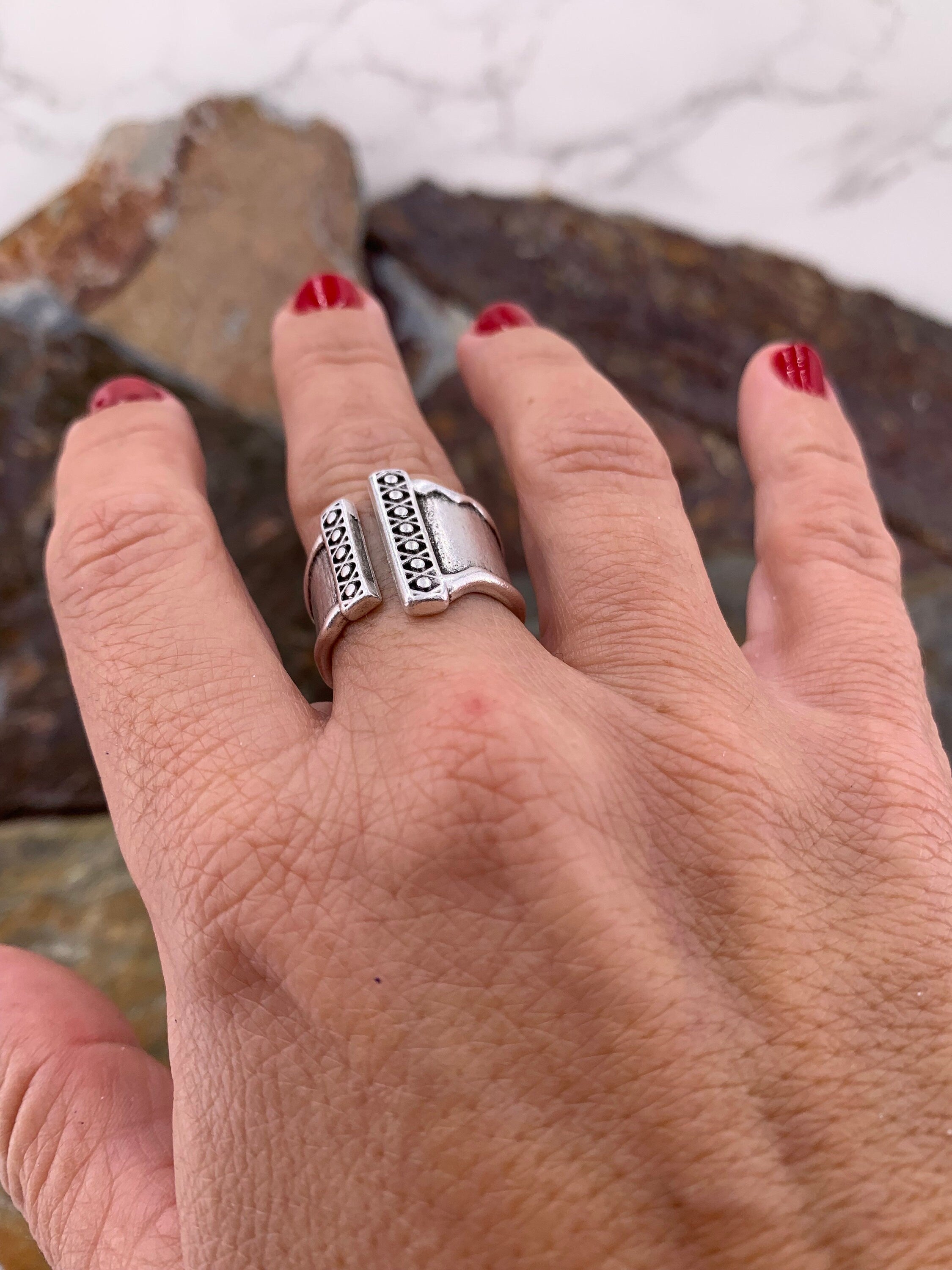 Chunky wide open silver ring with rustic ethnic style engraved design, bulky unisex