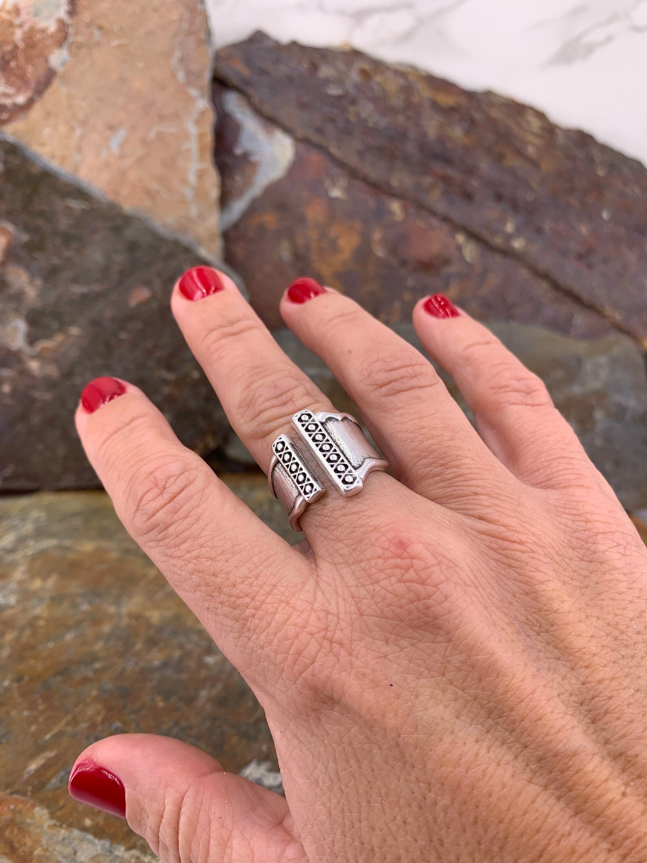 Chunky wide open silver ring with rustic ethnic style engraved design, bulky unisex