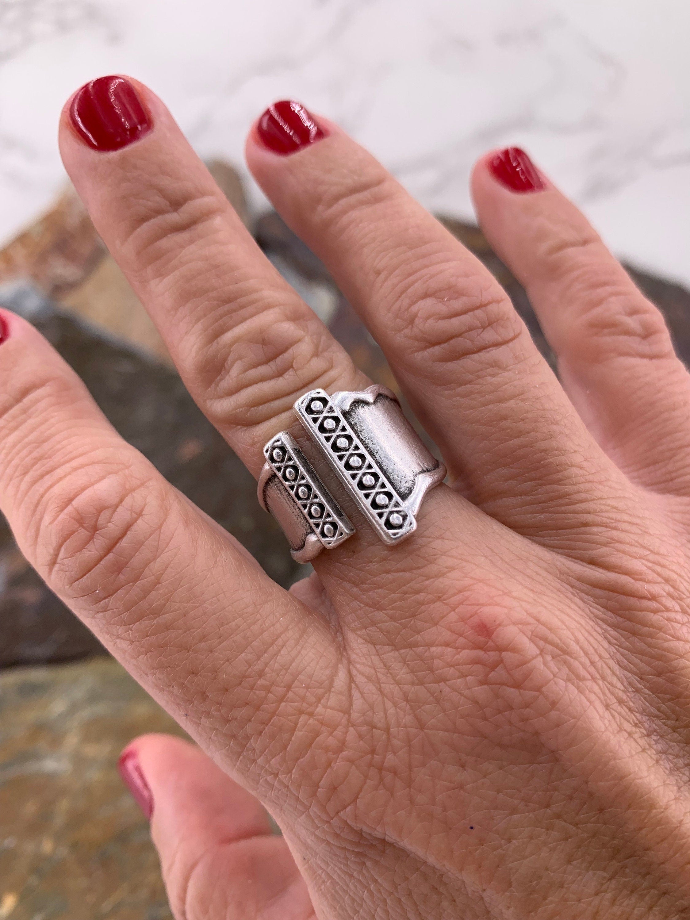 Chunky wide open silver ring with rustic ethnic style engraved design, bulky unisex