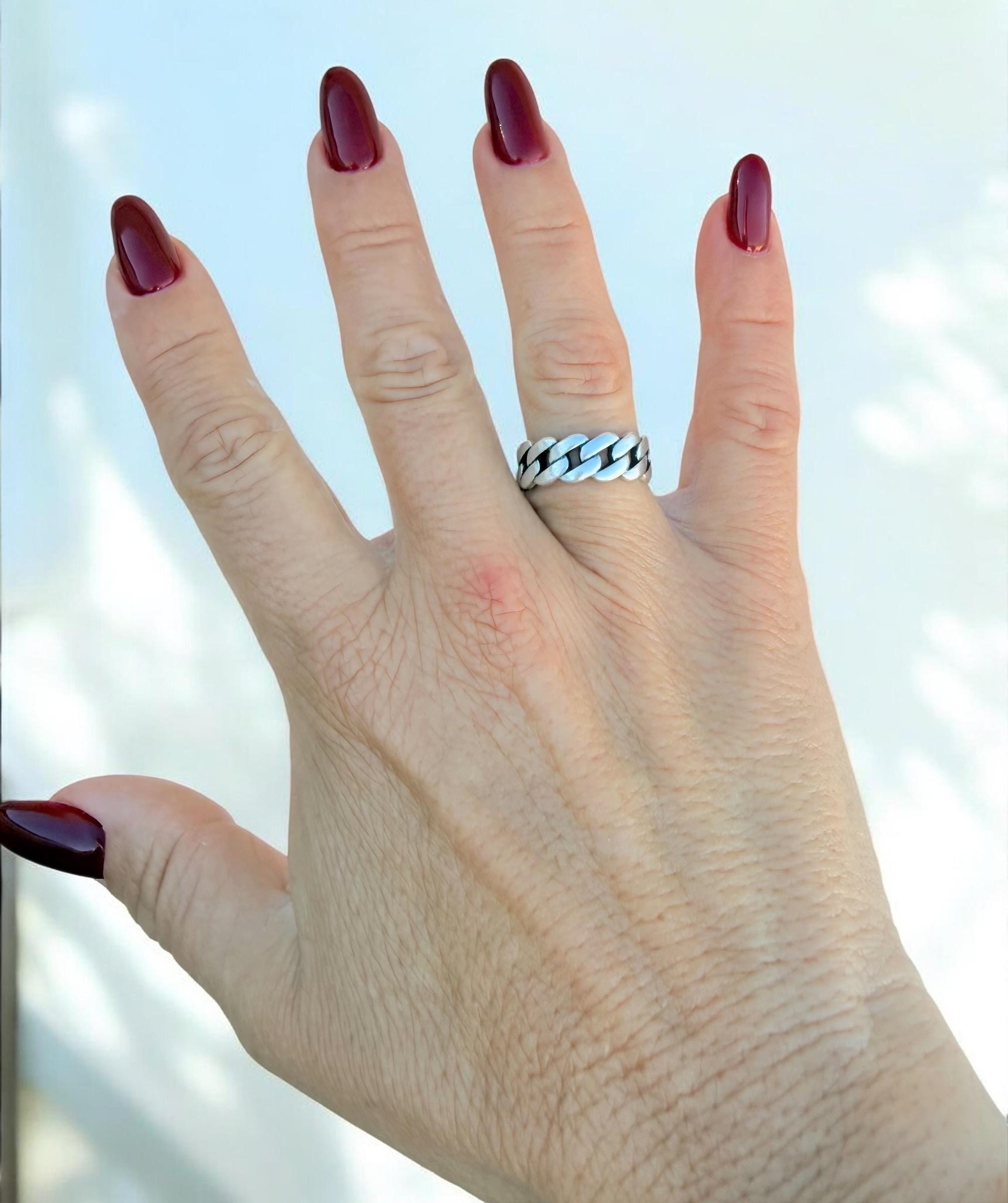 Chunky Silver plated Chain‑Style Ring, Bold Tribal Open Band, Unisex Jewelry