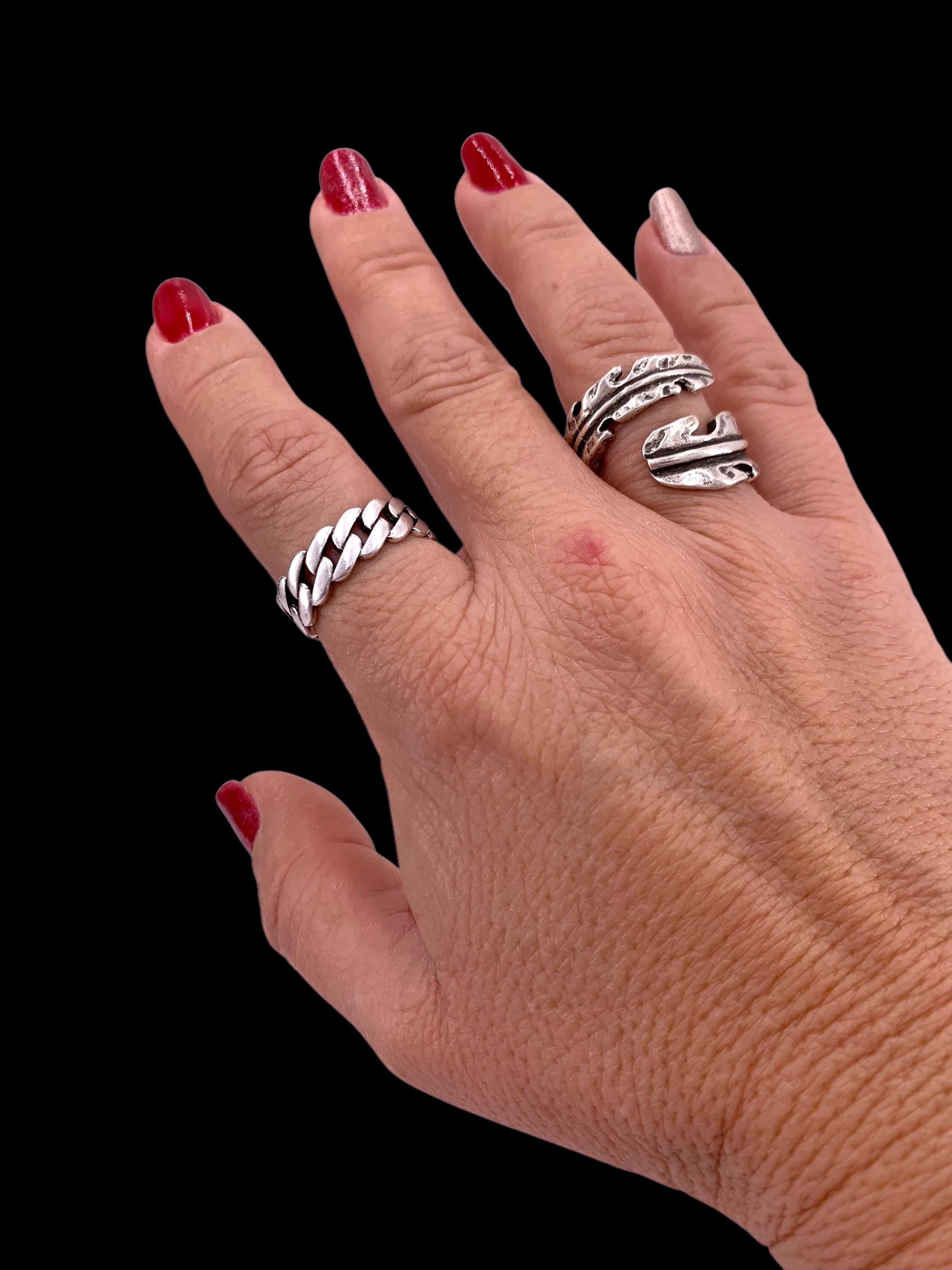 Chunky Silver plated Chain‑Style Ring, Bold Tribal Open Band, Unisex Jewelry