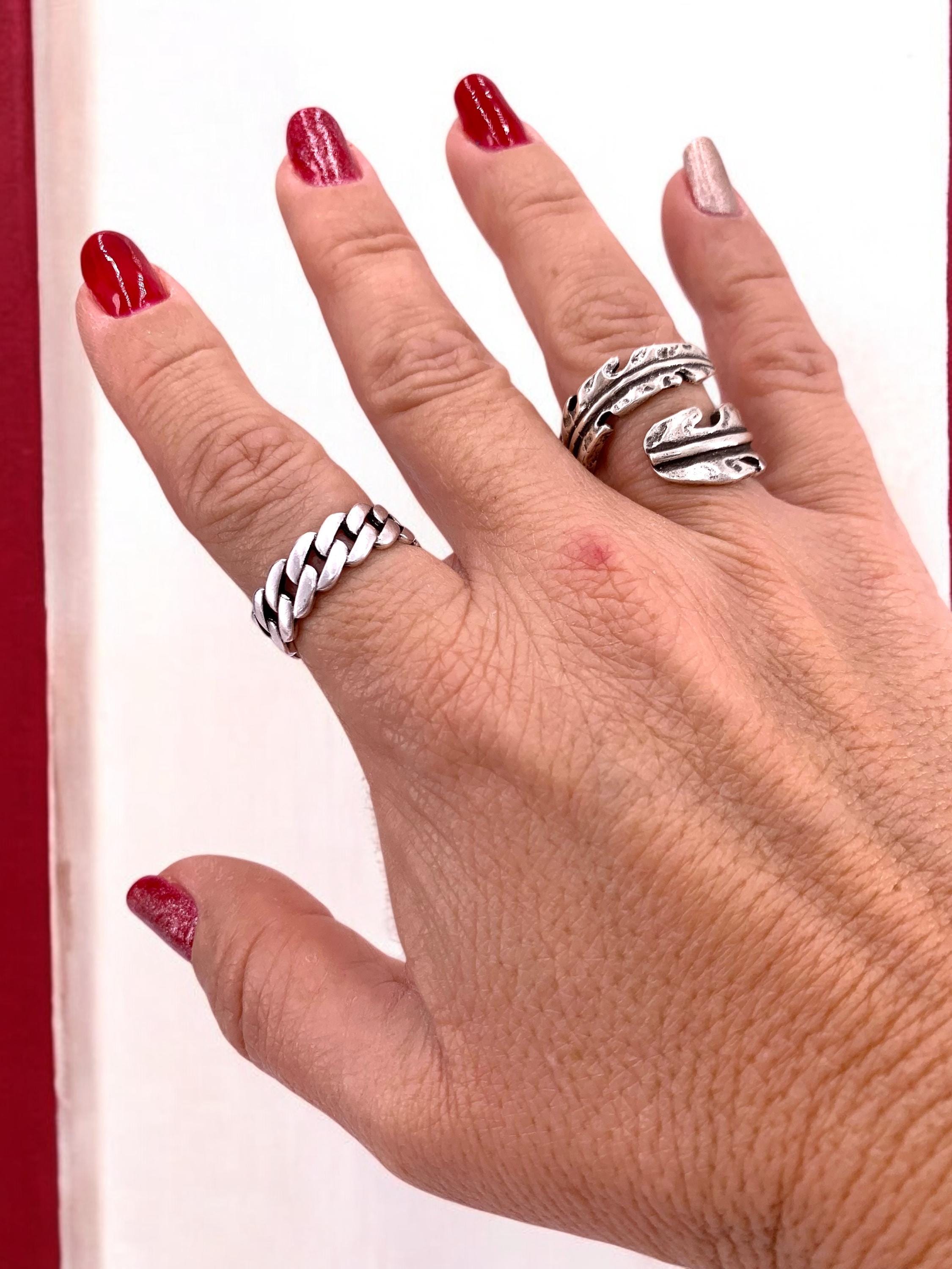 Chunky Silver plated Chain‑Style Ring, Bold Tribal Open Band, Unisex Jewelry