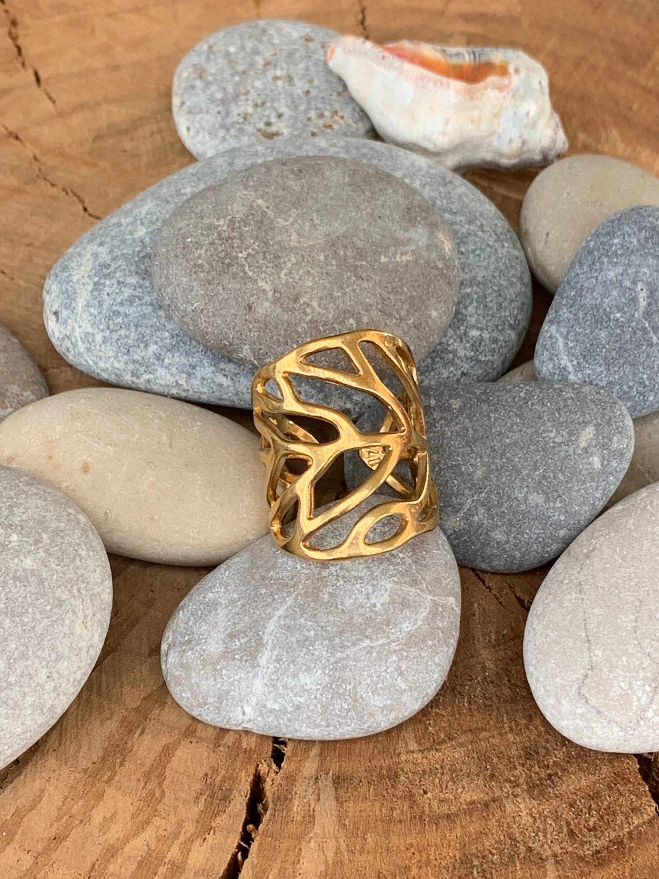 Chunky silver or gold finished carved wide bohemian ring, adjustable jewelry