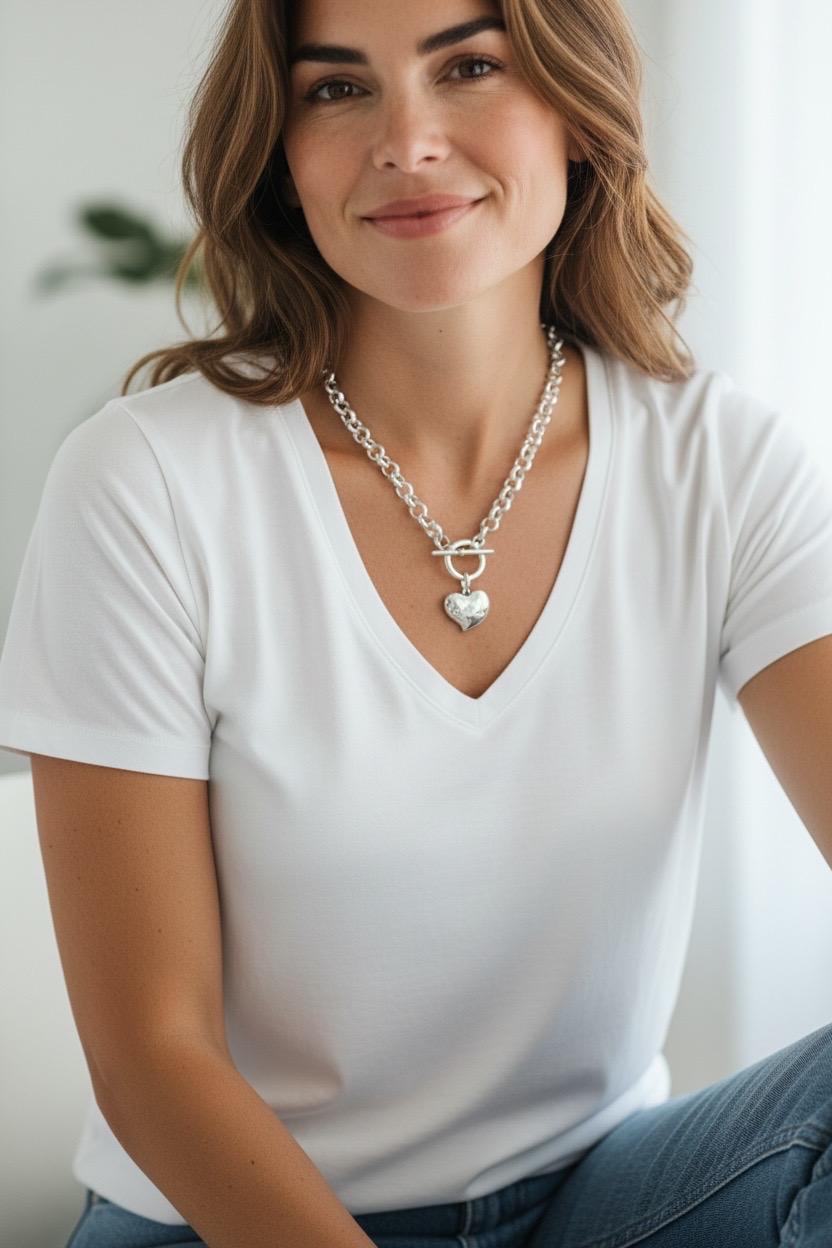 chunky silver plated necklace for women, toggle clasp silver chain necklace, heart choker, rolo chain necklace, T clasp necklace,