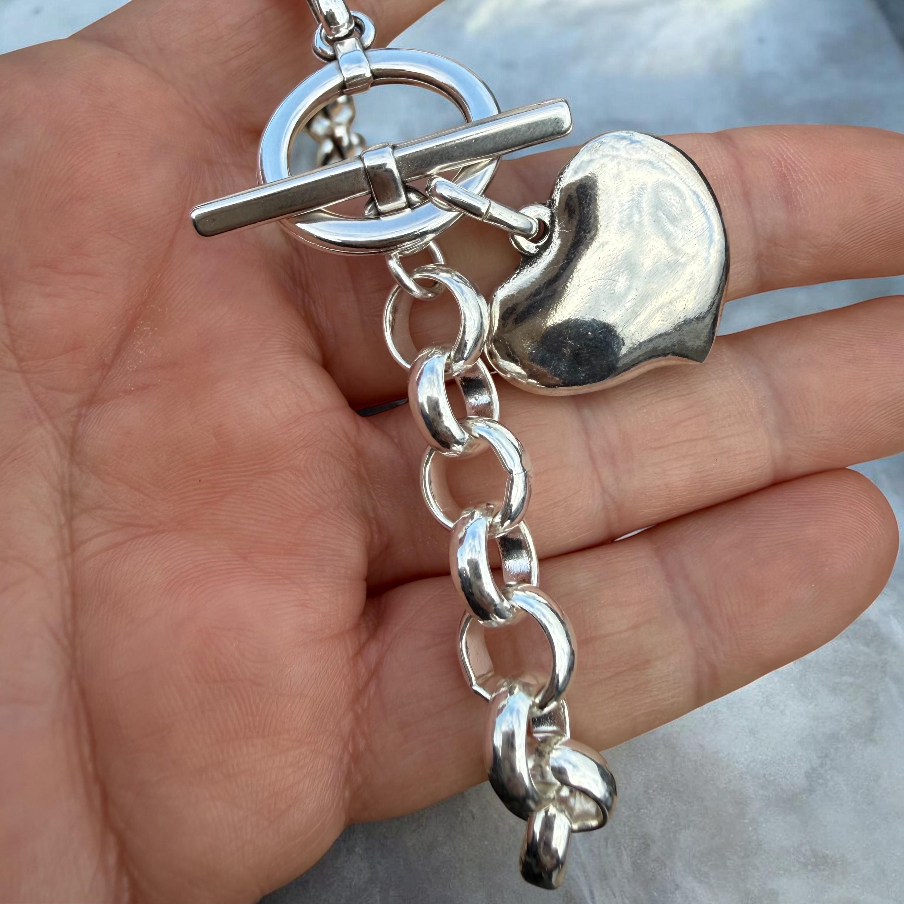 chunky silver plated necklace for women, toggle clasp silver chain necklace, heart choker, rolo chain necklace, T clasp necklace,