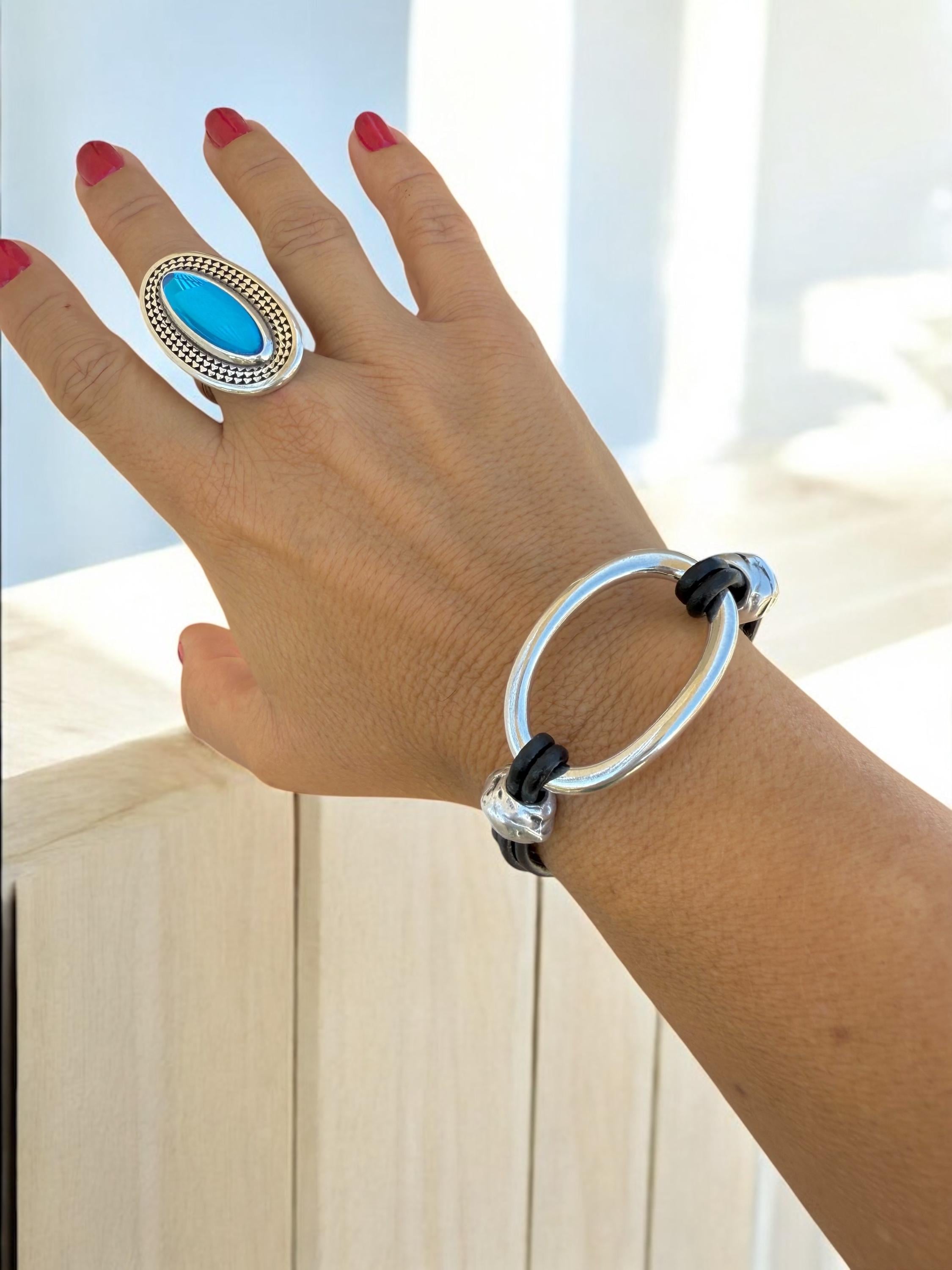 Artisian Leather and silver plated chunky adjustable bracelet