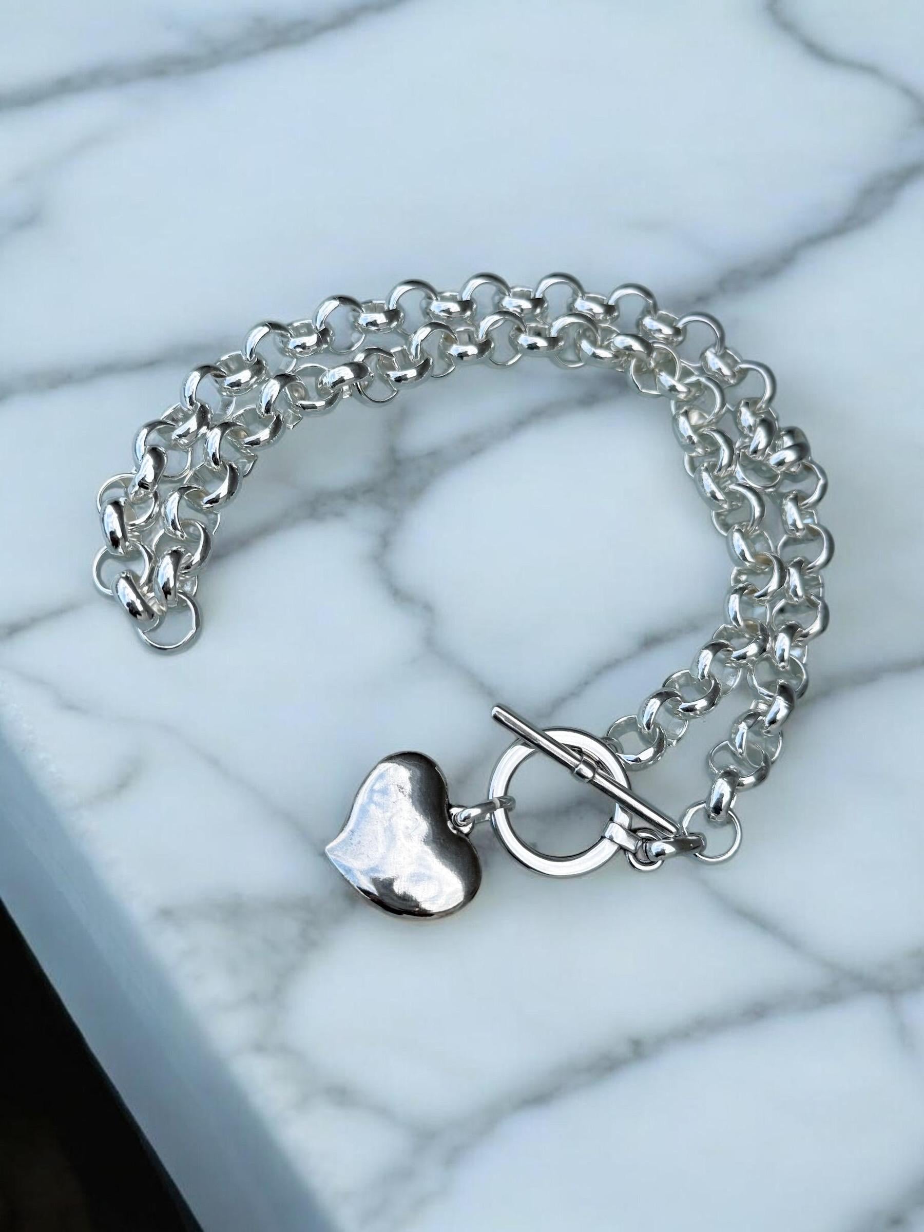 chunky silver plated necklace for women, toggle clasp silver chain necklace, heart choker, rolo chain necklace, T clasp necklace,