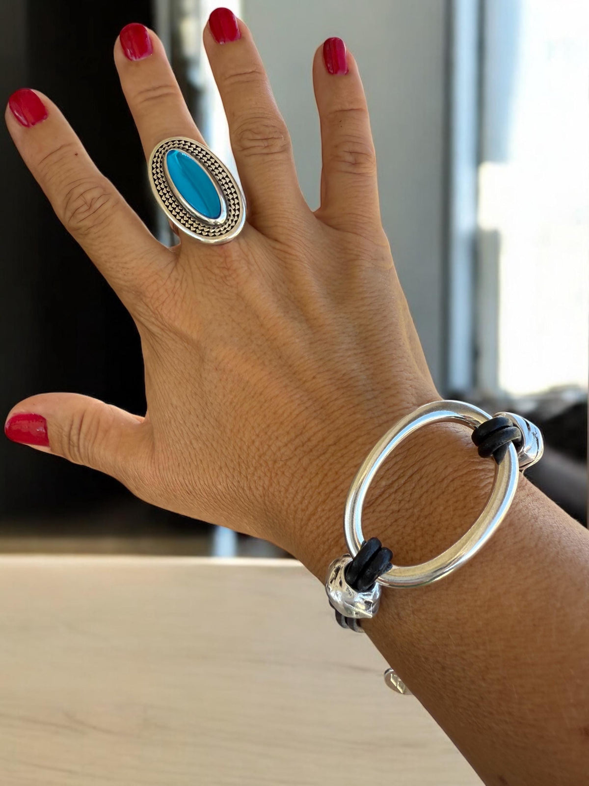 Artisian Leather and silver plated chunky adjustable bracelet