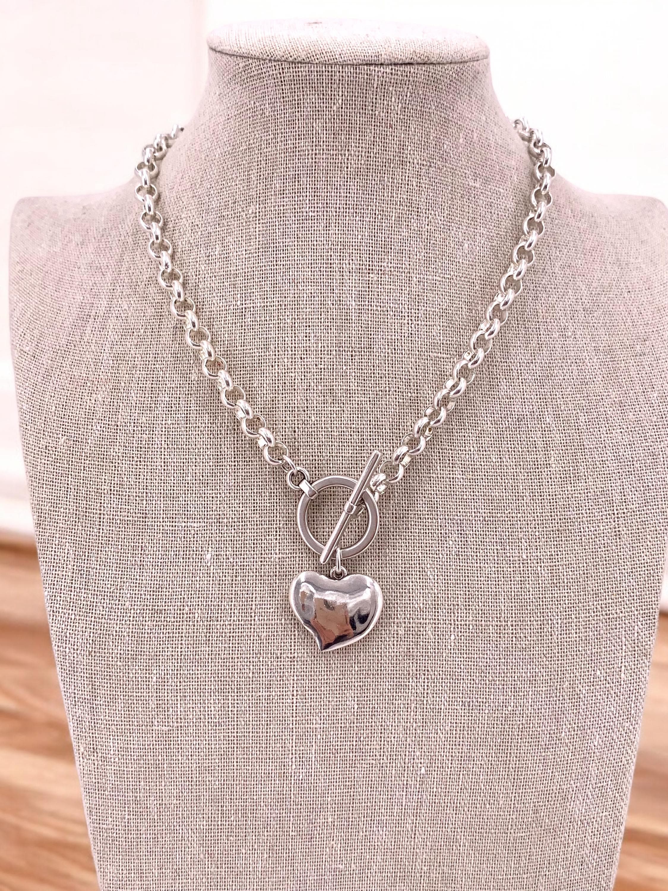 chunky silver plated necklace for women, toggle clasp silver chain necklace, heart choker, rolo chain necklace, T clasp necklace,