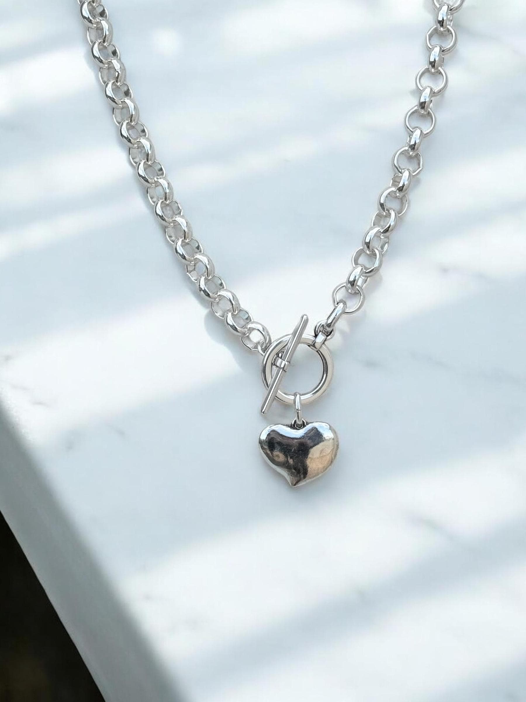 chunky silver plated necklace for women, toggle clasp silver chain necklace, heart choker, rolo chain necklace, T clasp necklace,