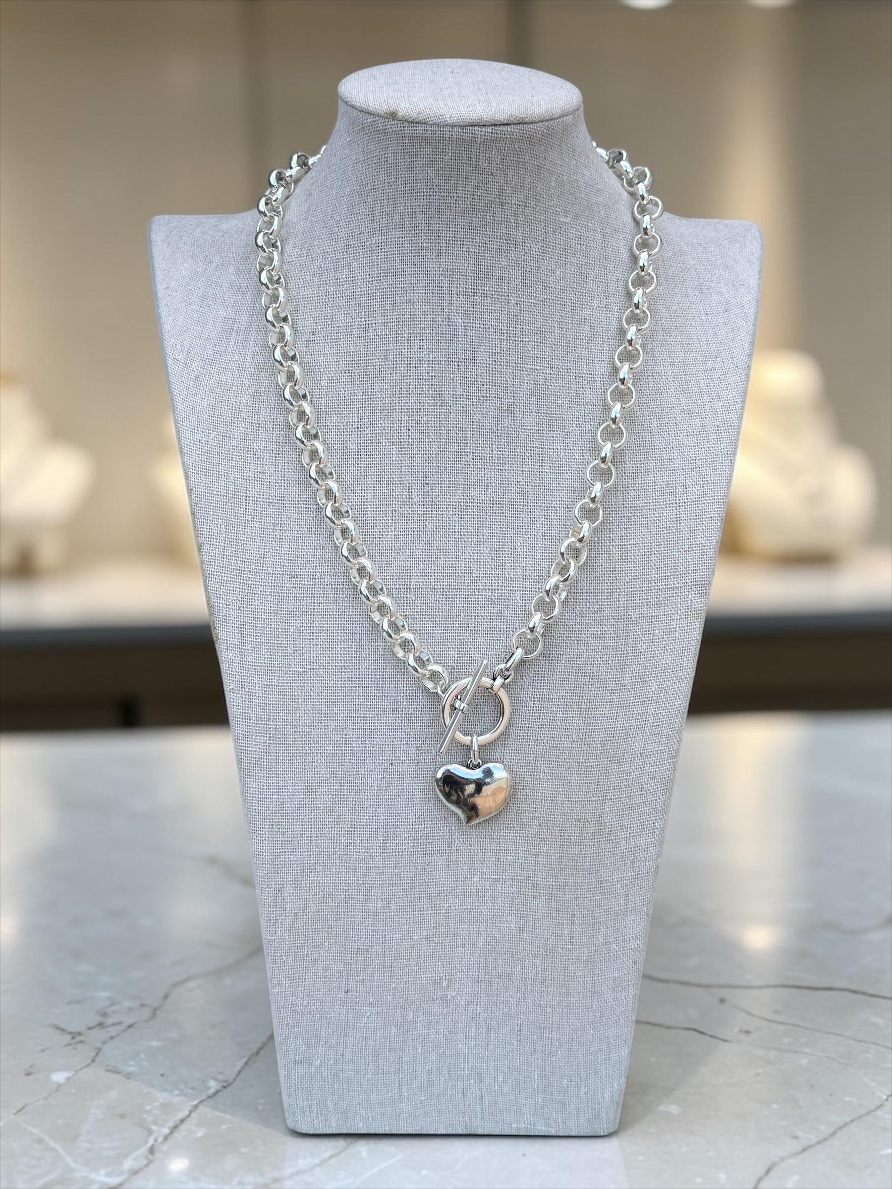 chunky silver plated necklace for women, toggle clasp silver chain necklace, heart choker, rolo chain necklace, T clasp necklace,