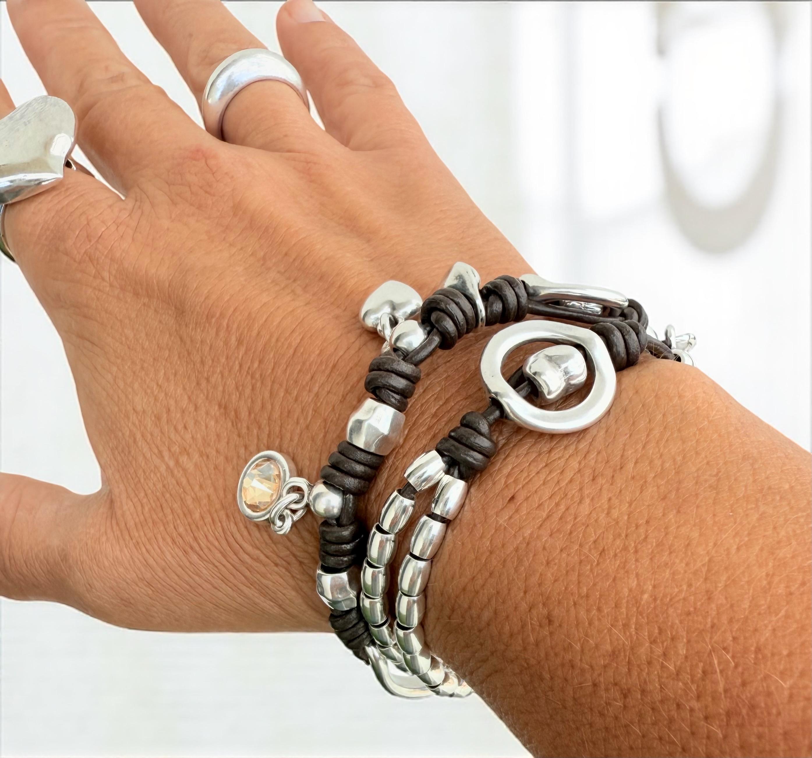 Boho Double-Wrap Leather Bracelet – Swarovski Crystal, Heart & Lock Charms – Handmade Kukuri Jewelry