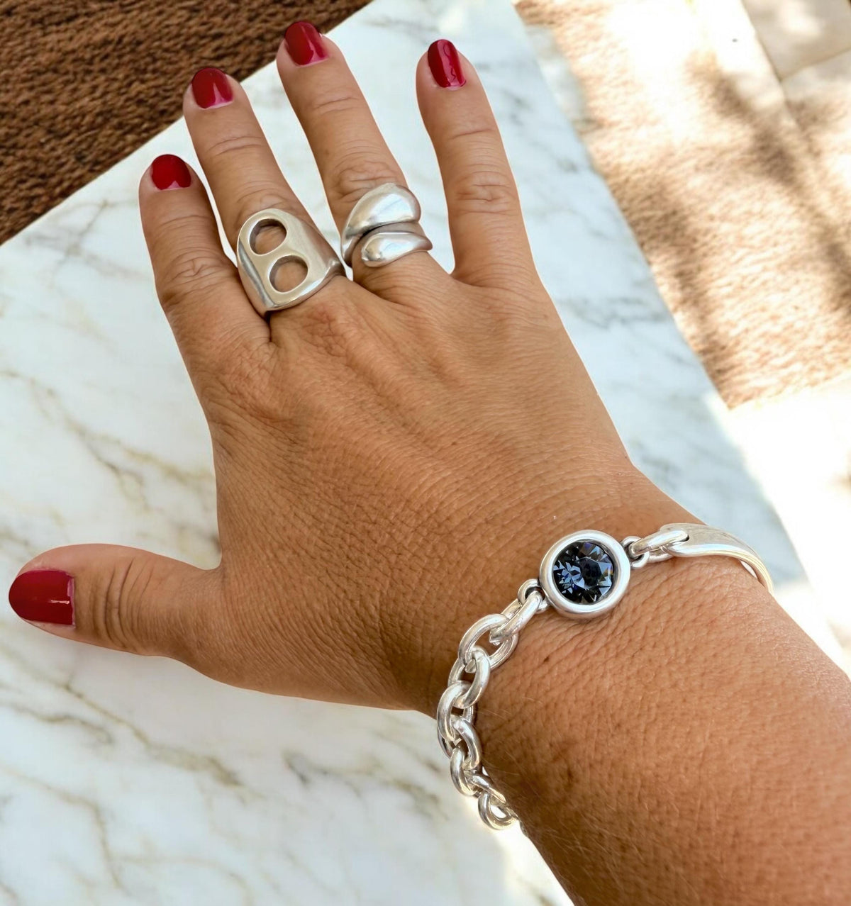 Chunky Half Cuff & Chain Silver Bracelet with Swarovski Crystal – Sculptural Statement Jewelry – Custom Fit -