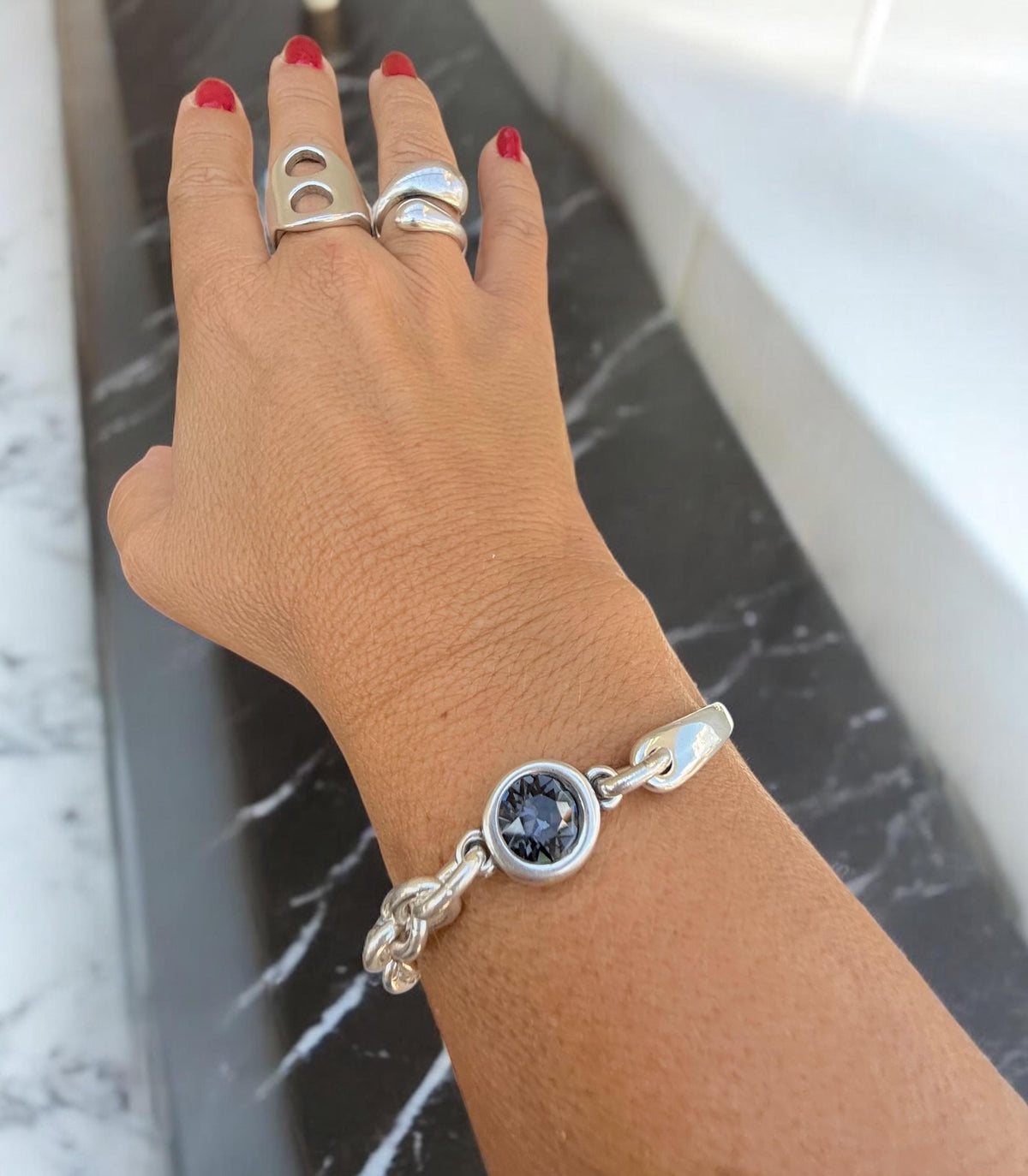 Chunky Half Cuff & Chain Silver Bracelet with Swarovski Crystal – Sculptural Statement Jewelry – Custom Fit -