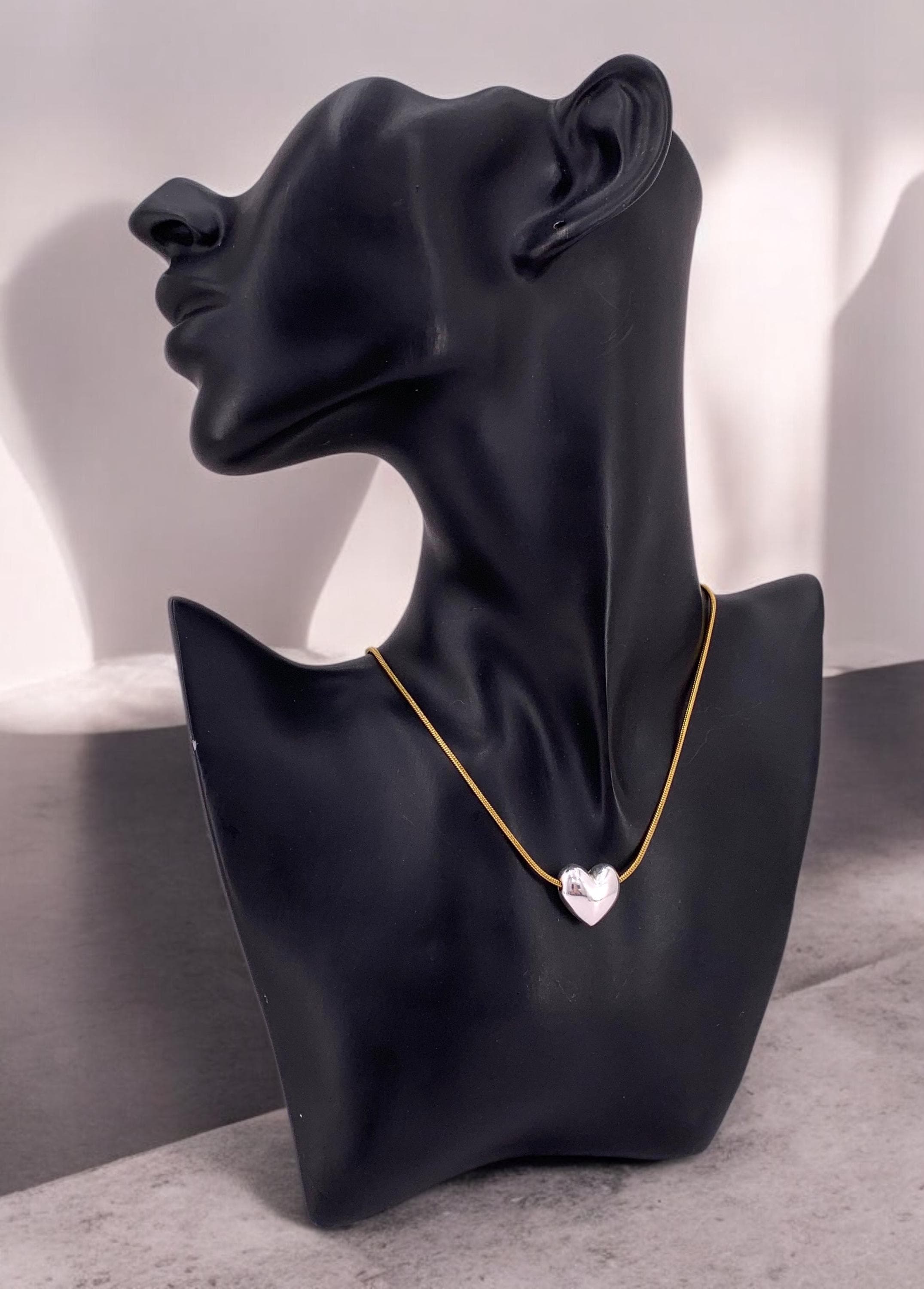 Dainty Gold Snake Chain Necklace with Silver Heart Pendant, Adjustable Handmade Boho Jewelry