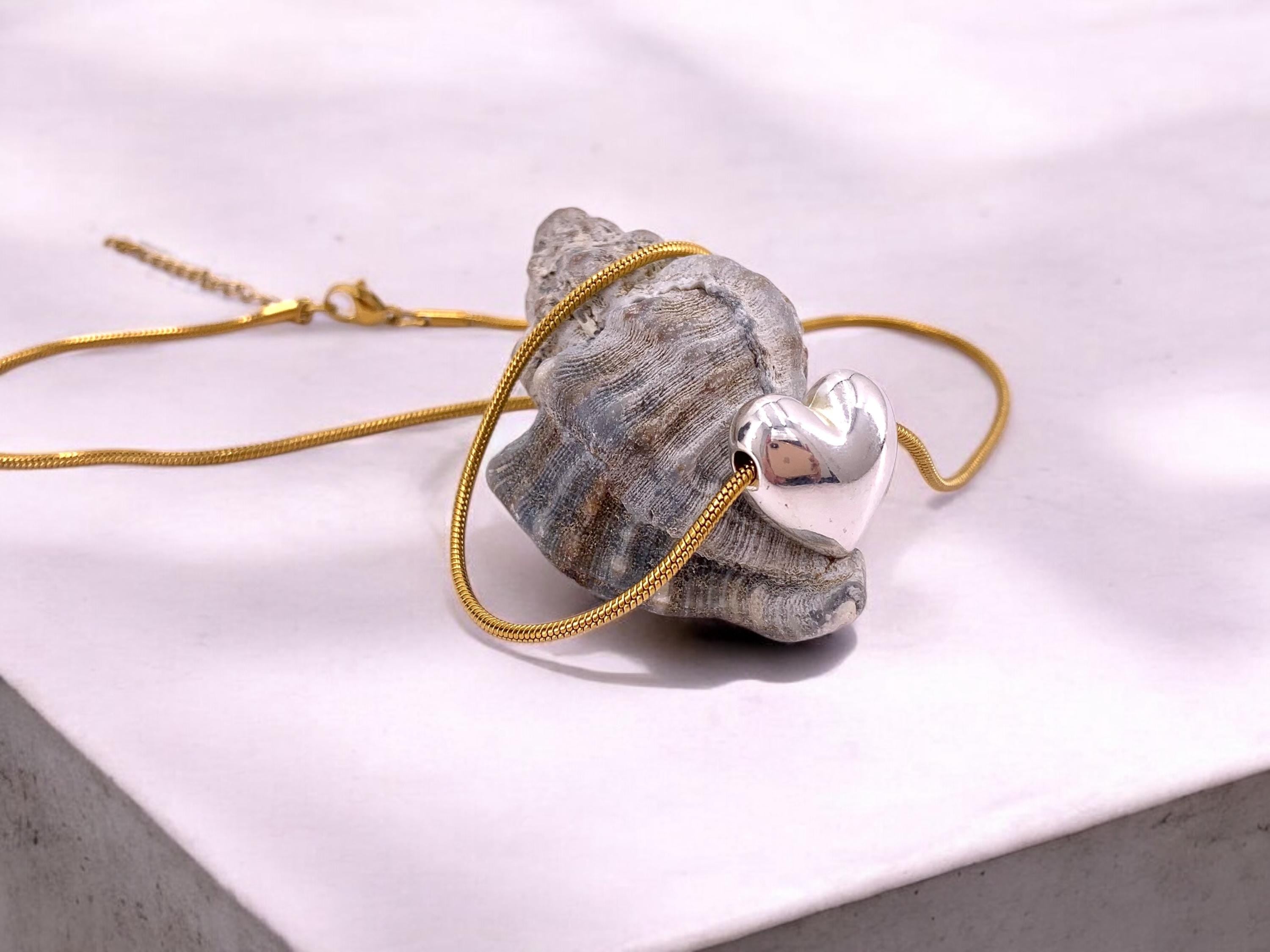Dainty Gold Snake Chain Necklace with Silver Heart Pendant, Adjustable Handmade Boho Jewelry