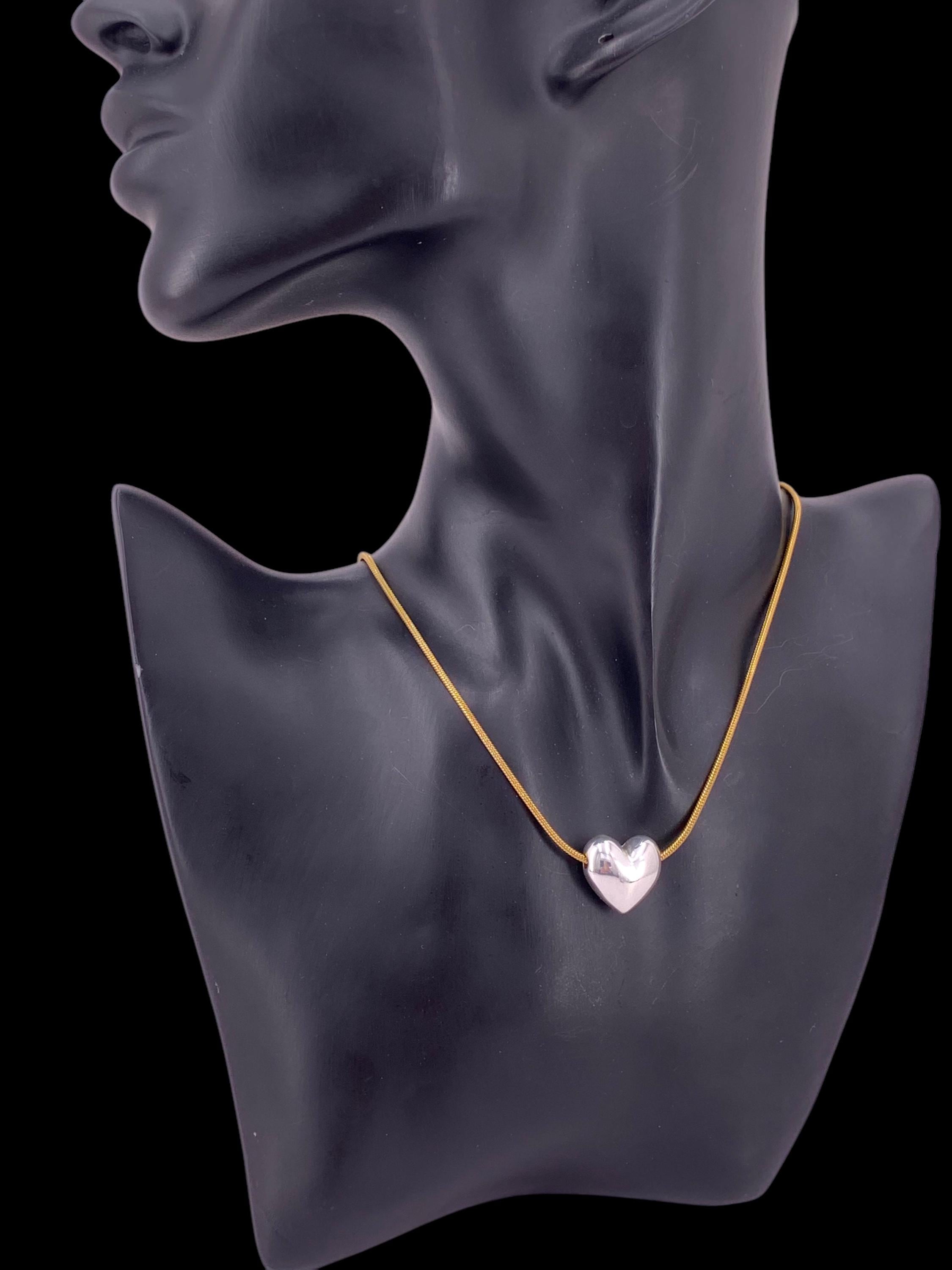 Dainty Gold Snake Chain Necklace with Silver Heart Pendant, Adjustable Handmade Boho Jewelry