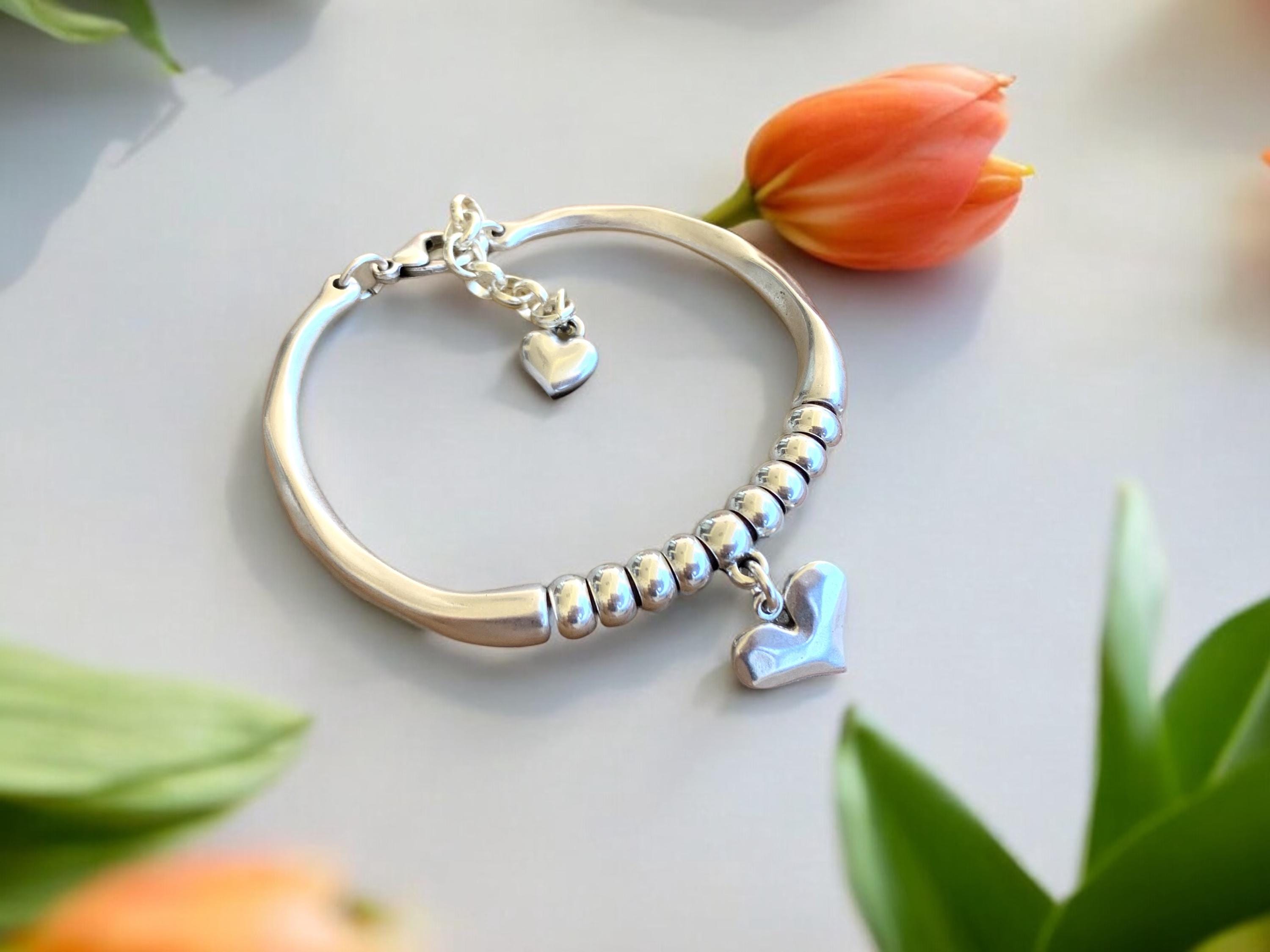 Artisian Double Half-Cuff chunky Silver Bracelet with beads and Heart Charms