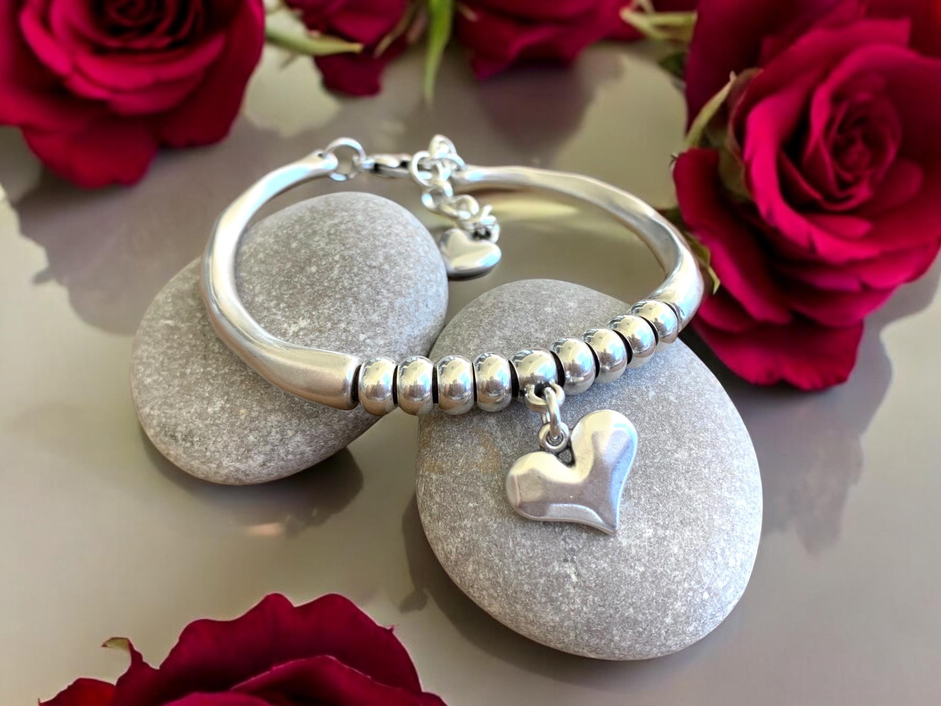Artisian Double Half-Cuff chunky Silver Bracelet with beads and Heart Charms