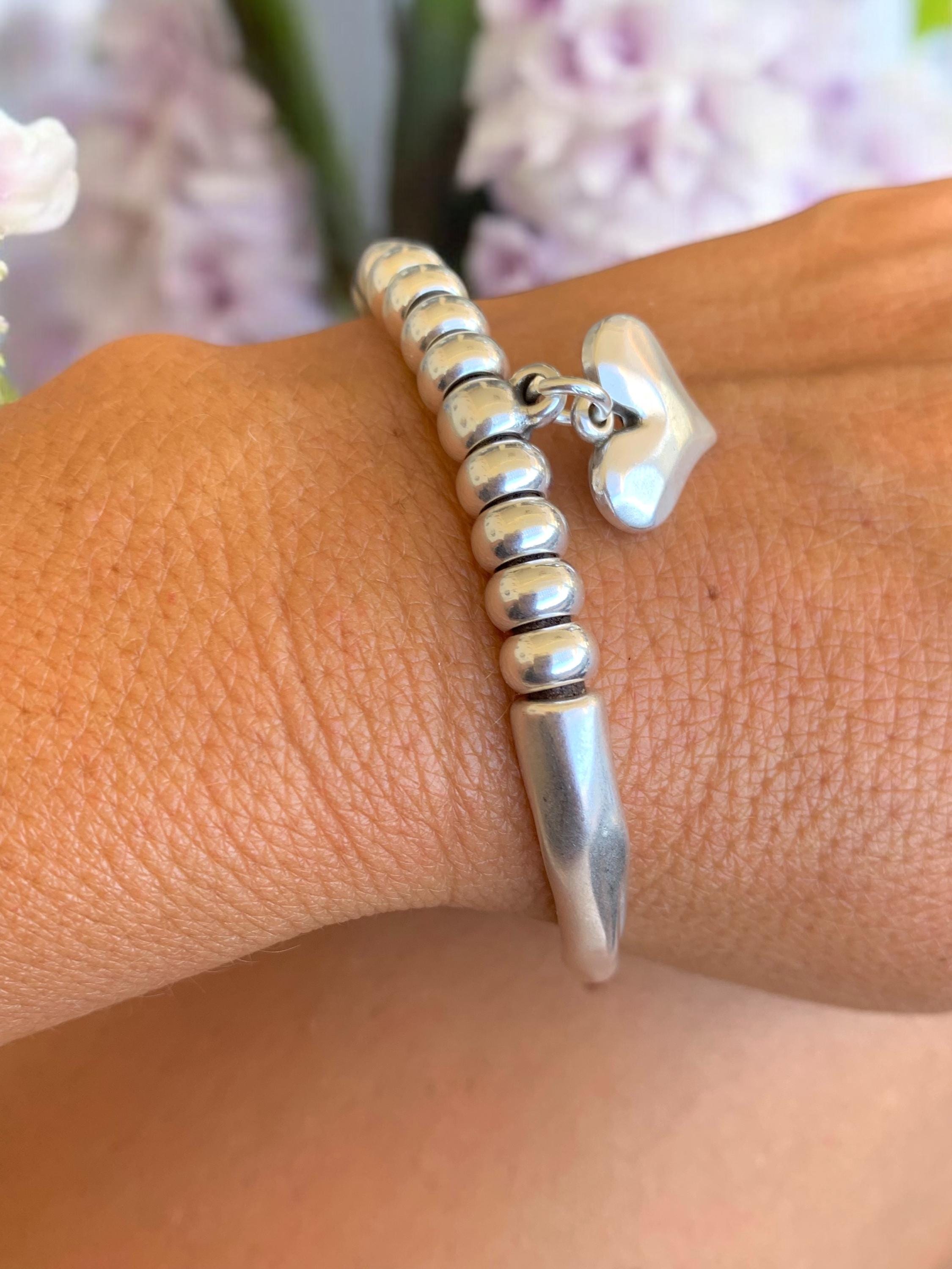 Artisian Double Half-Cuff chunky Silver Bracelet with beads and Heart Charms