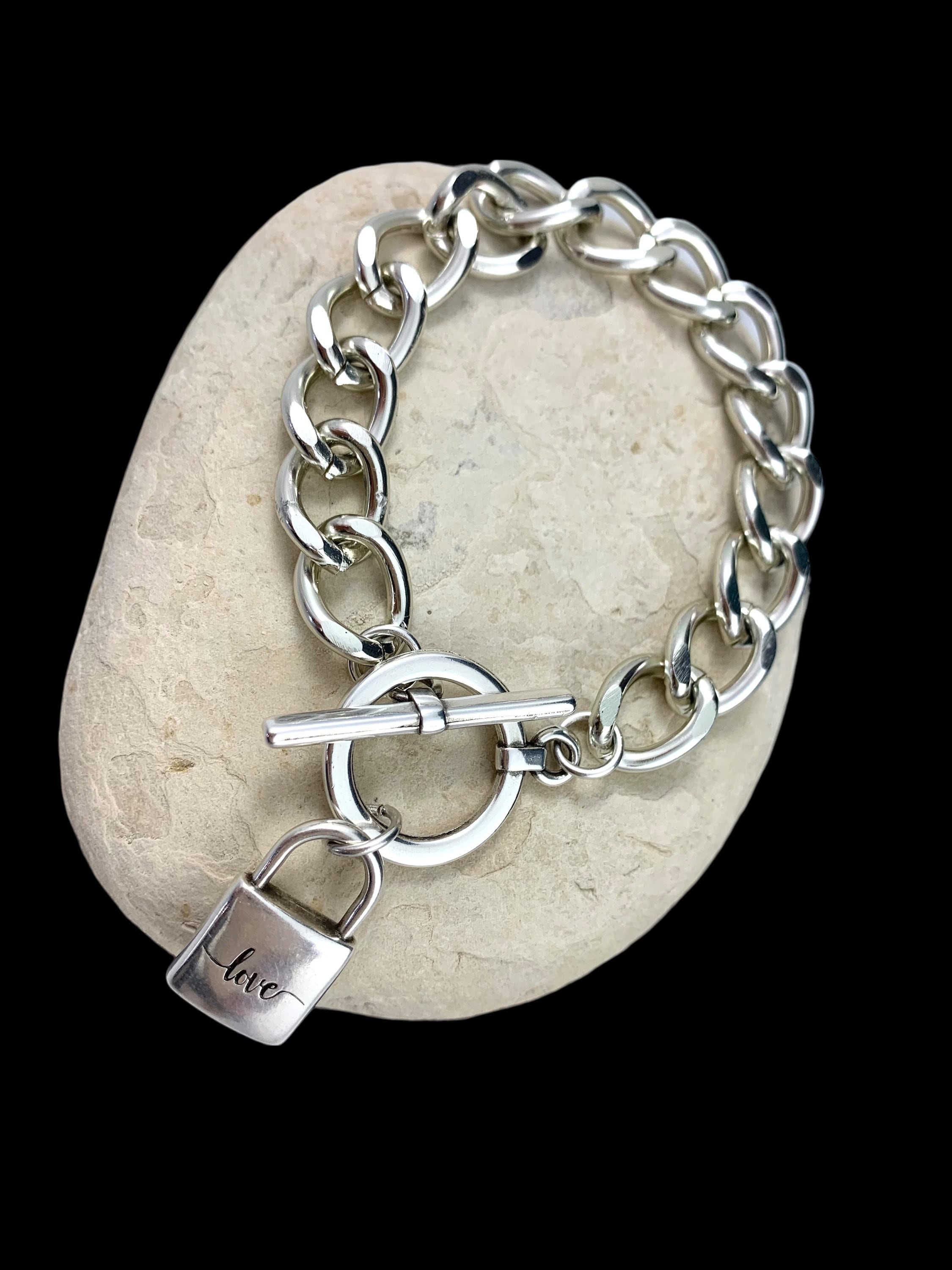 Handmade Chunky Silver Toggle Bracelet, Padlock Pendant, Bold Chain cuff