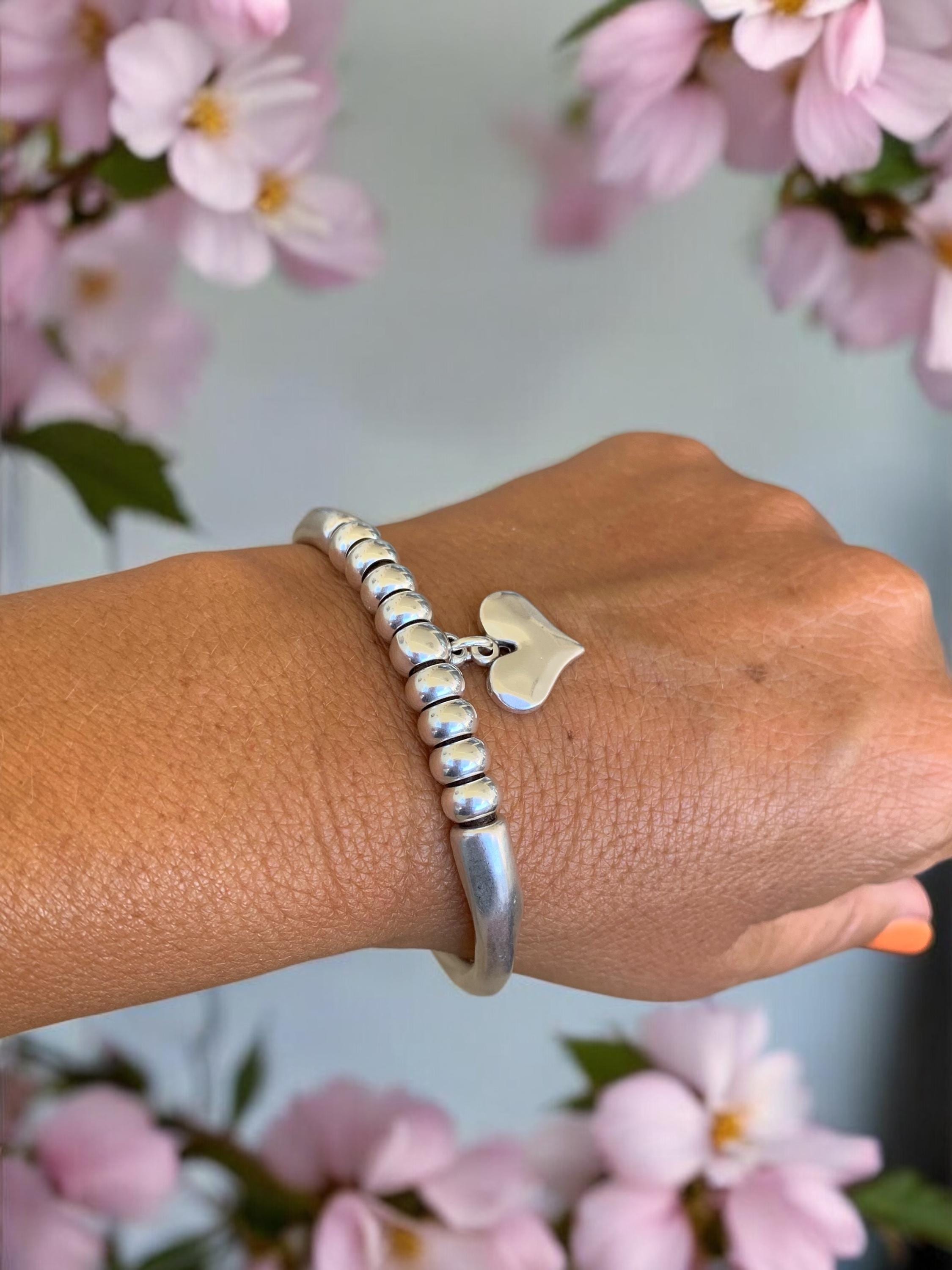Artisian Double Half-Cuff chunky Silver Bracelet with beads and Heart Charms