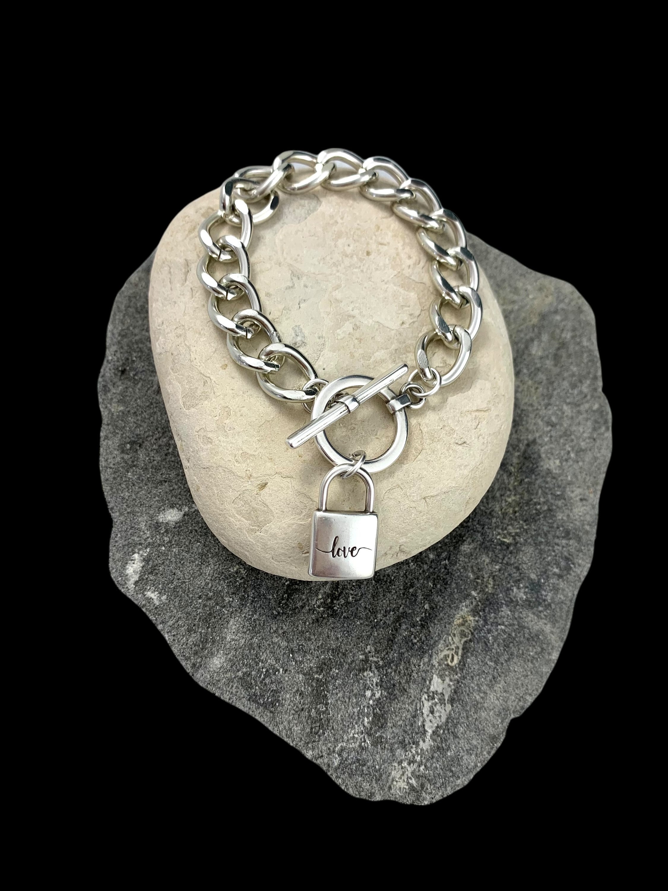 Handmade Chunky Silver Toggle Bracelet, Padlock Pendant, Bold Chain cuff