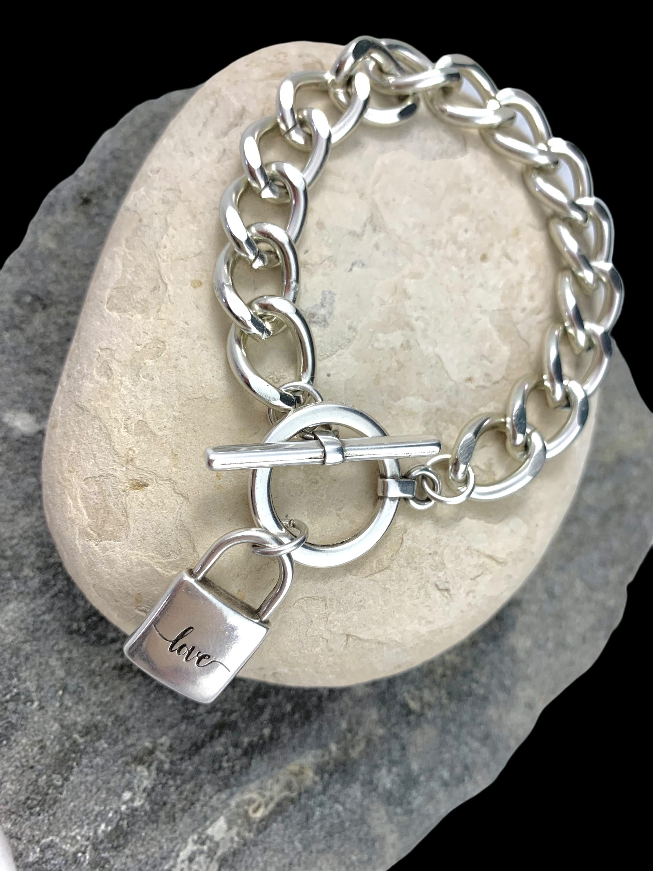 Handmade Chunky Silver Toggle Bracelet, Padlock Pendant, Bold Chain cuff