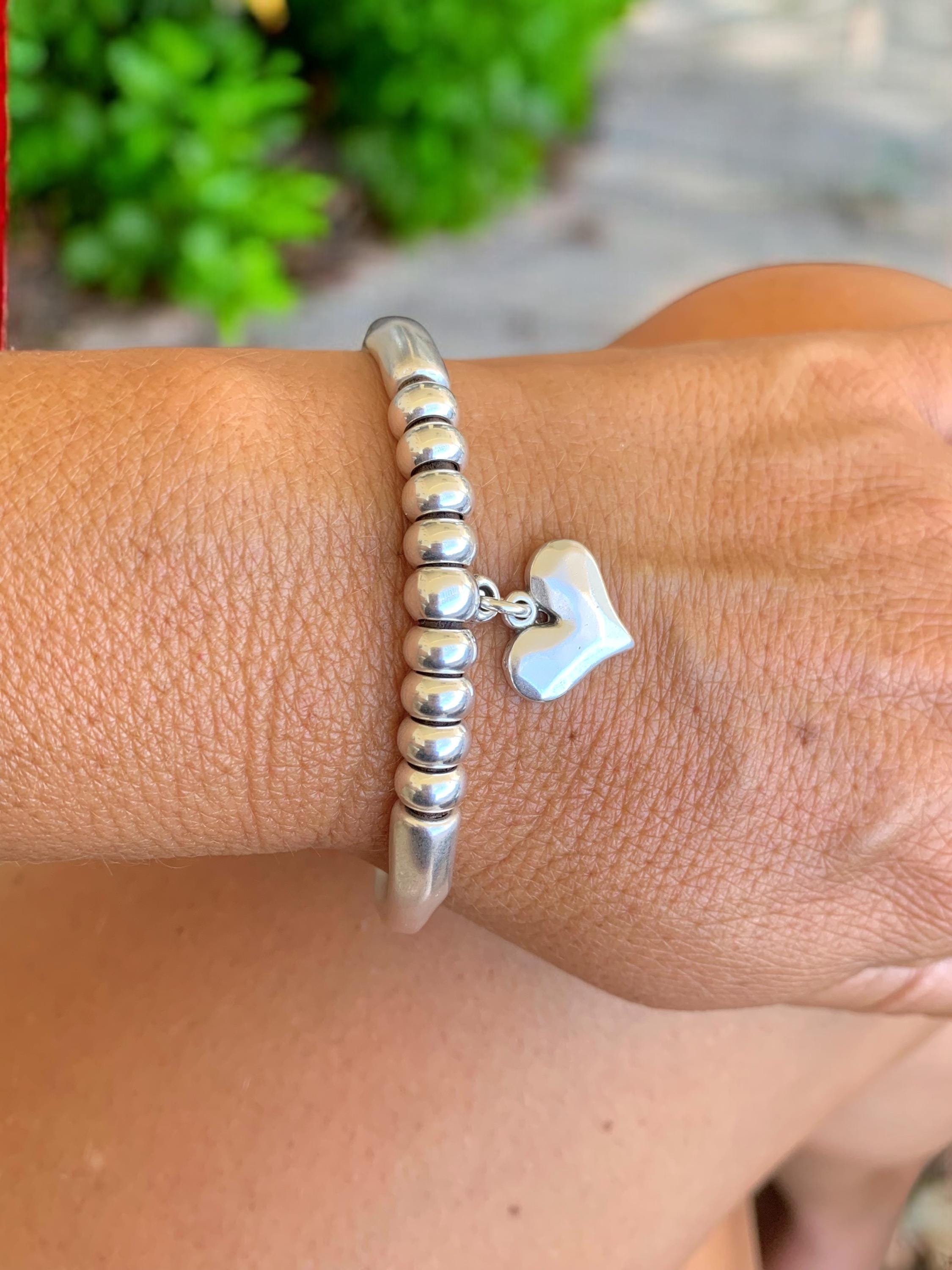 Artisian Double Half-Cuff chunky Silver Bracelet with beads and Heart Charms