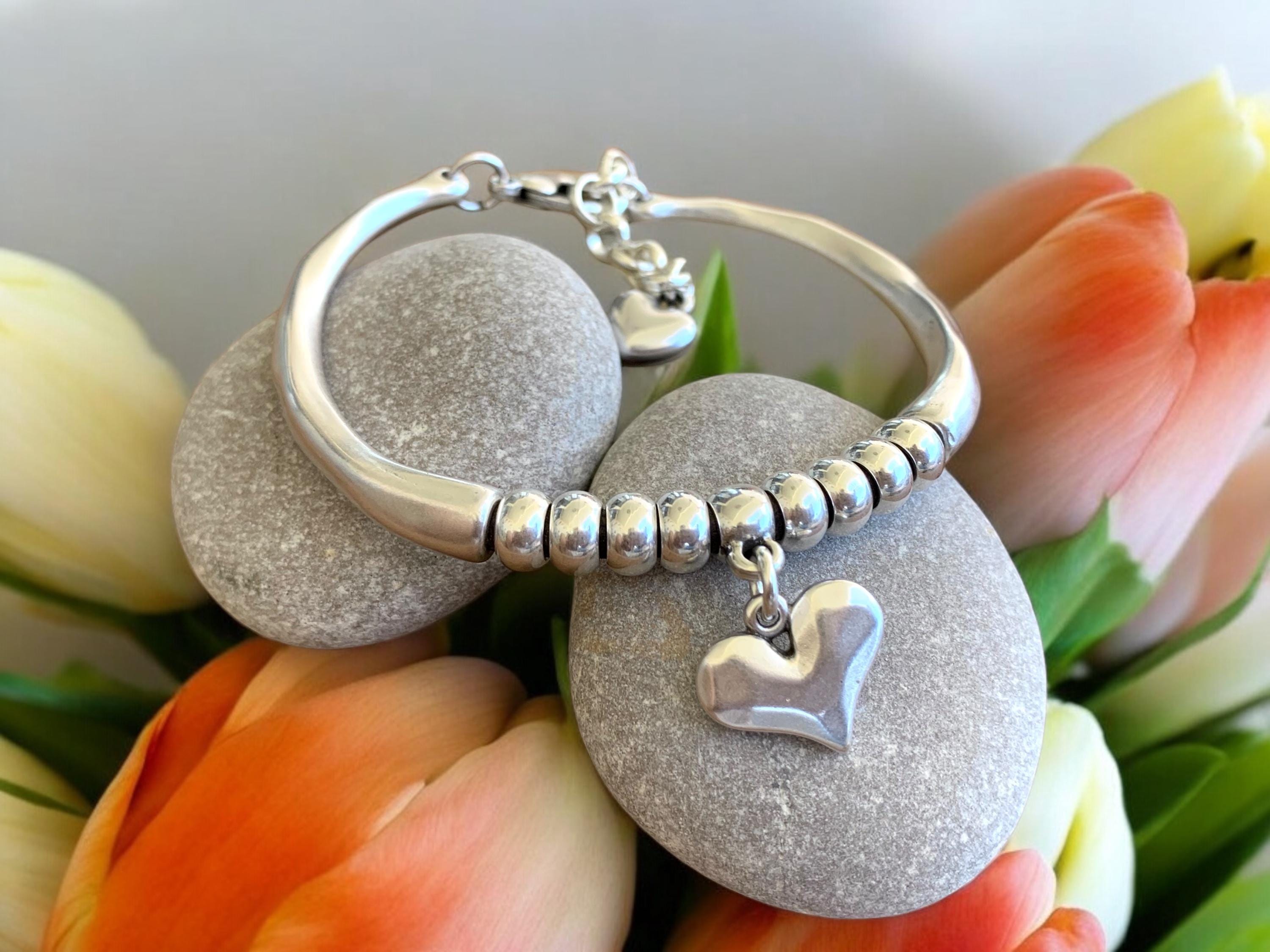 Artisian Double Half-Cuff chunky Silver Bracelet with beads and Heart Charms