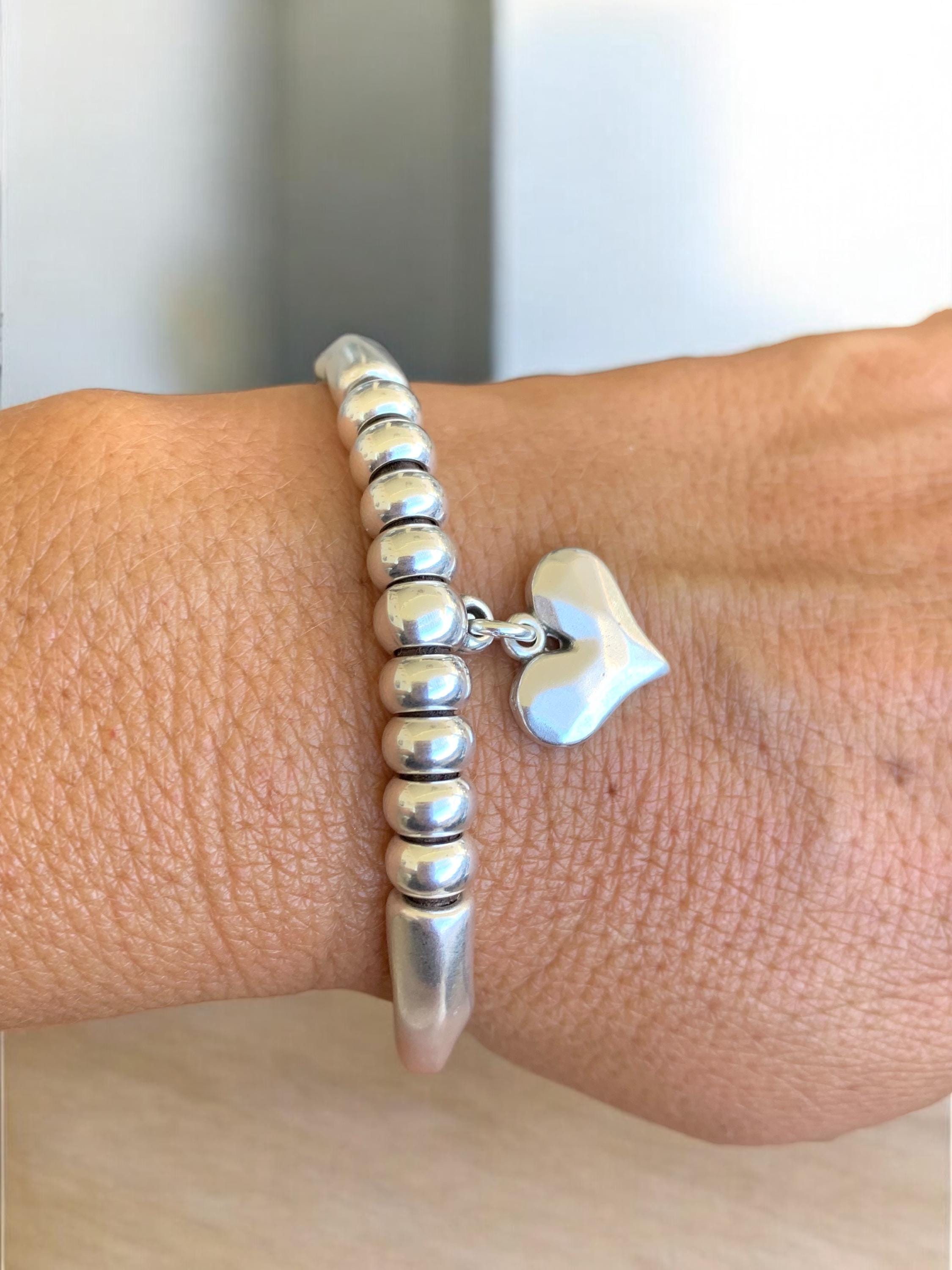 Artisian Double Half-Cuff chunky Silver Bracelet with beads and Heart Charms