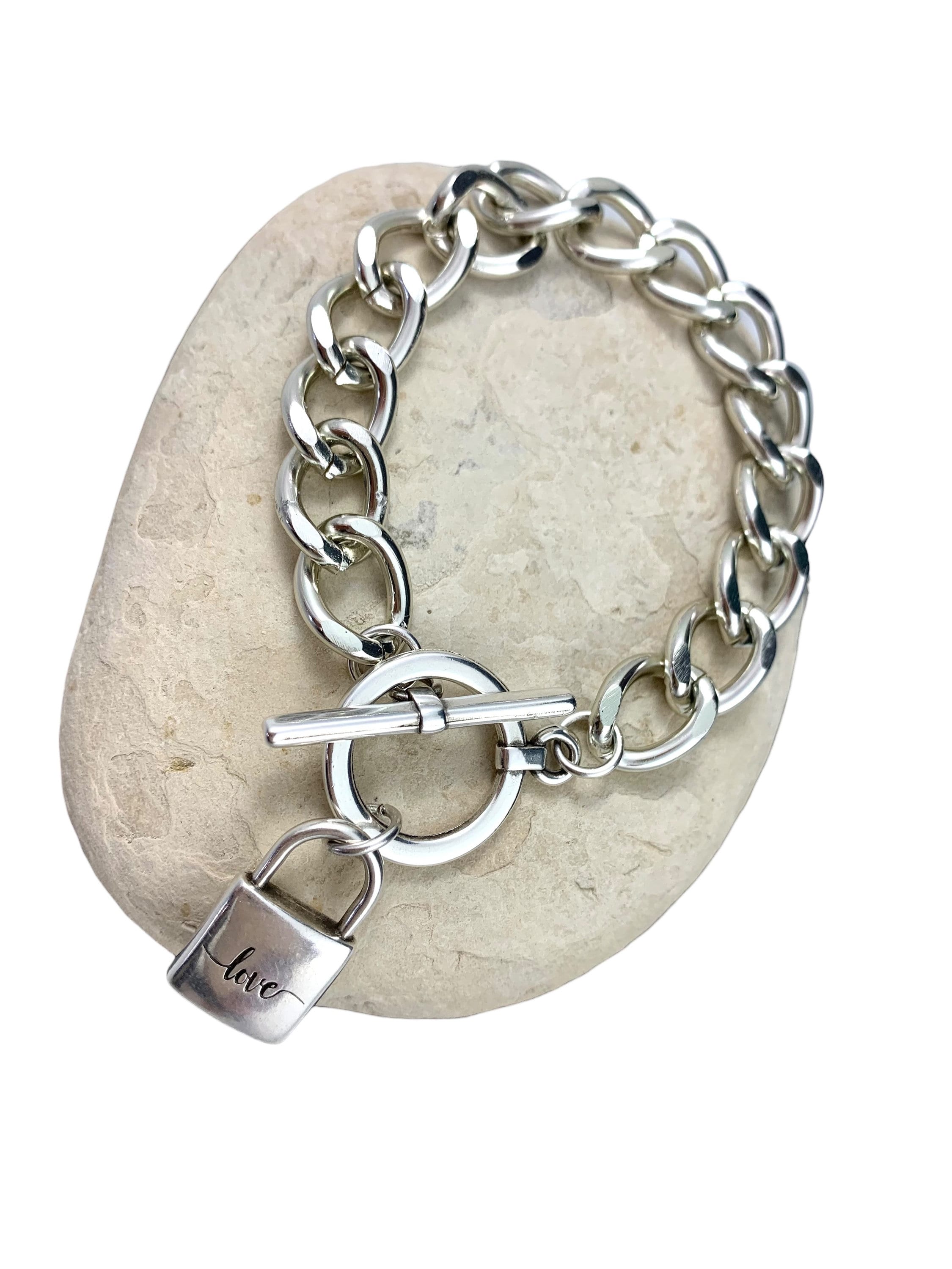 Handmade Chunky Silver Toggle Bracelet, Padlock Pendant, Bold Chain cuff