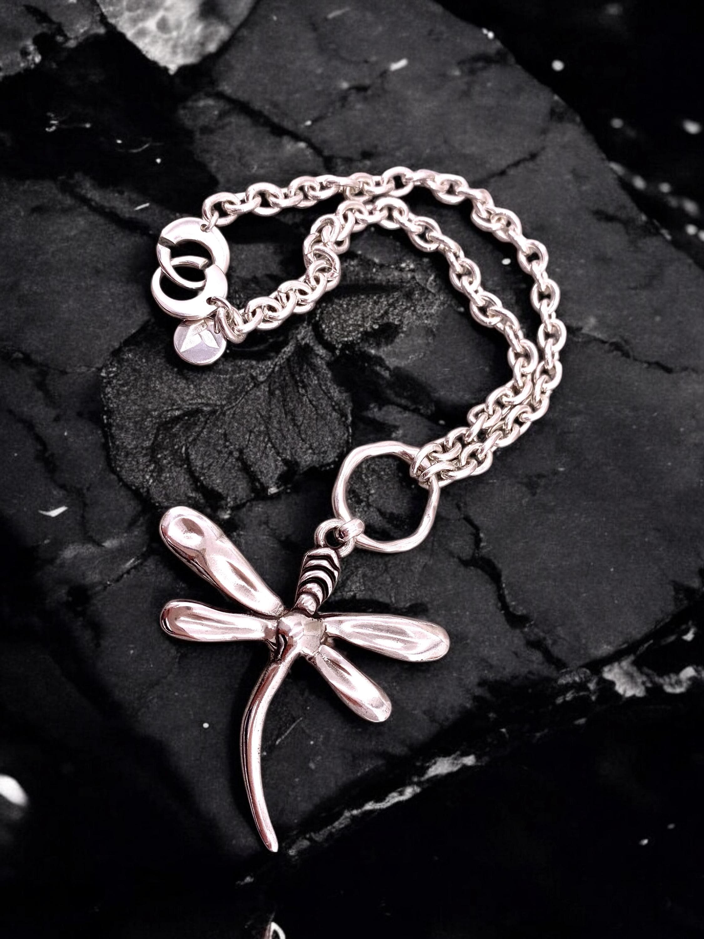 Chunky Silver Chain Necklace with Large Dragonfly Pendant — Statement Jewelry