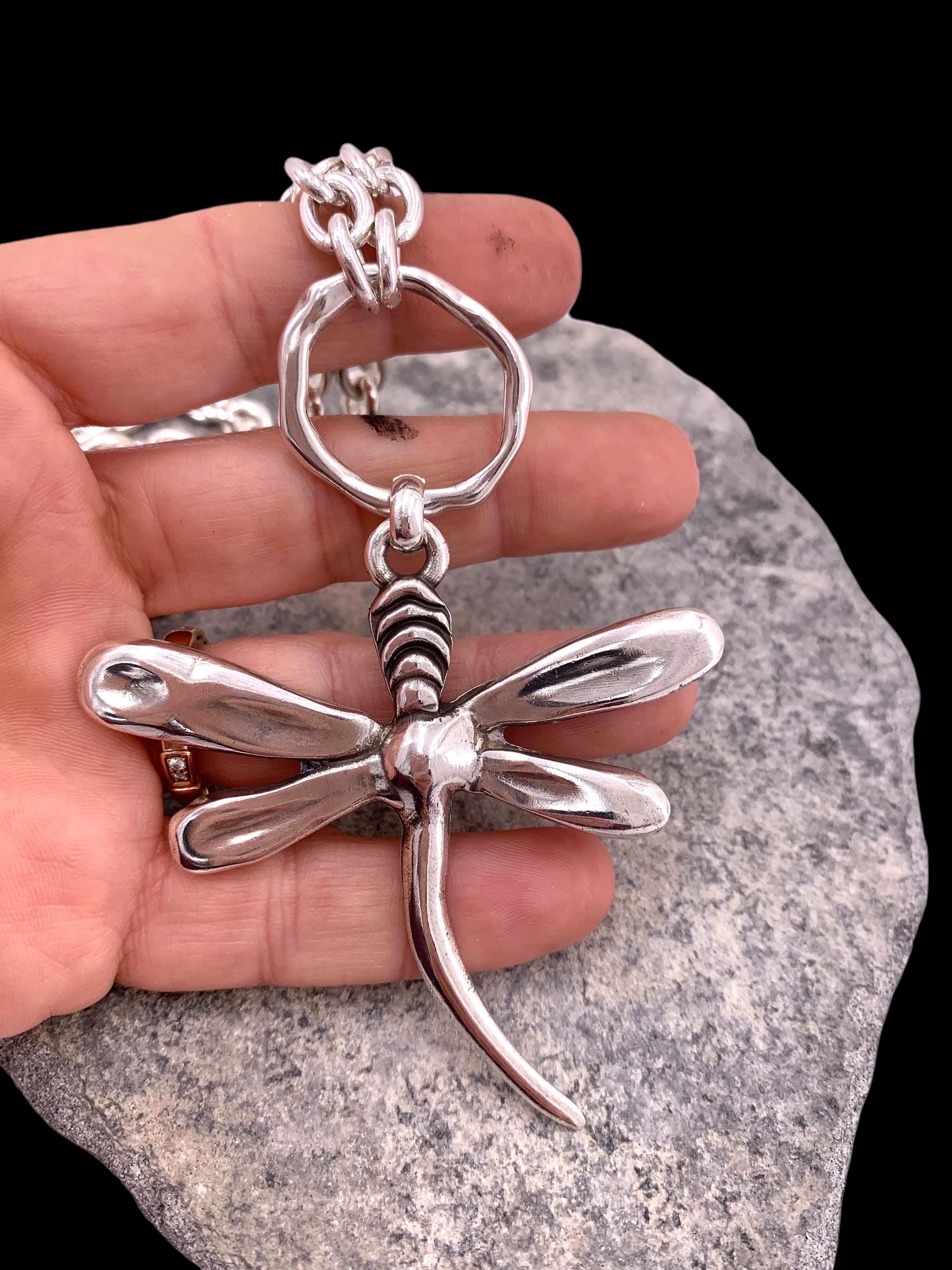 Chunky Silver Chain Necklace with Large Dragonfly Pendant — Statement Jewelry