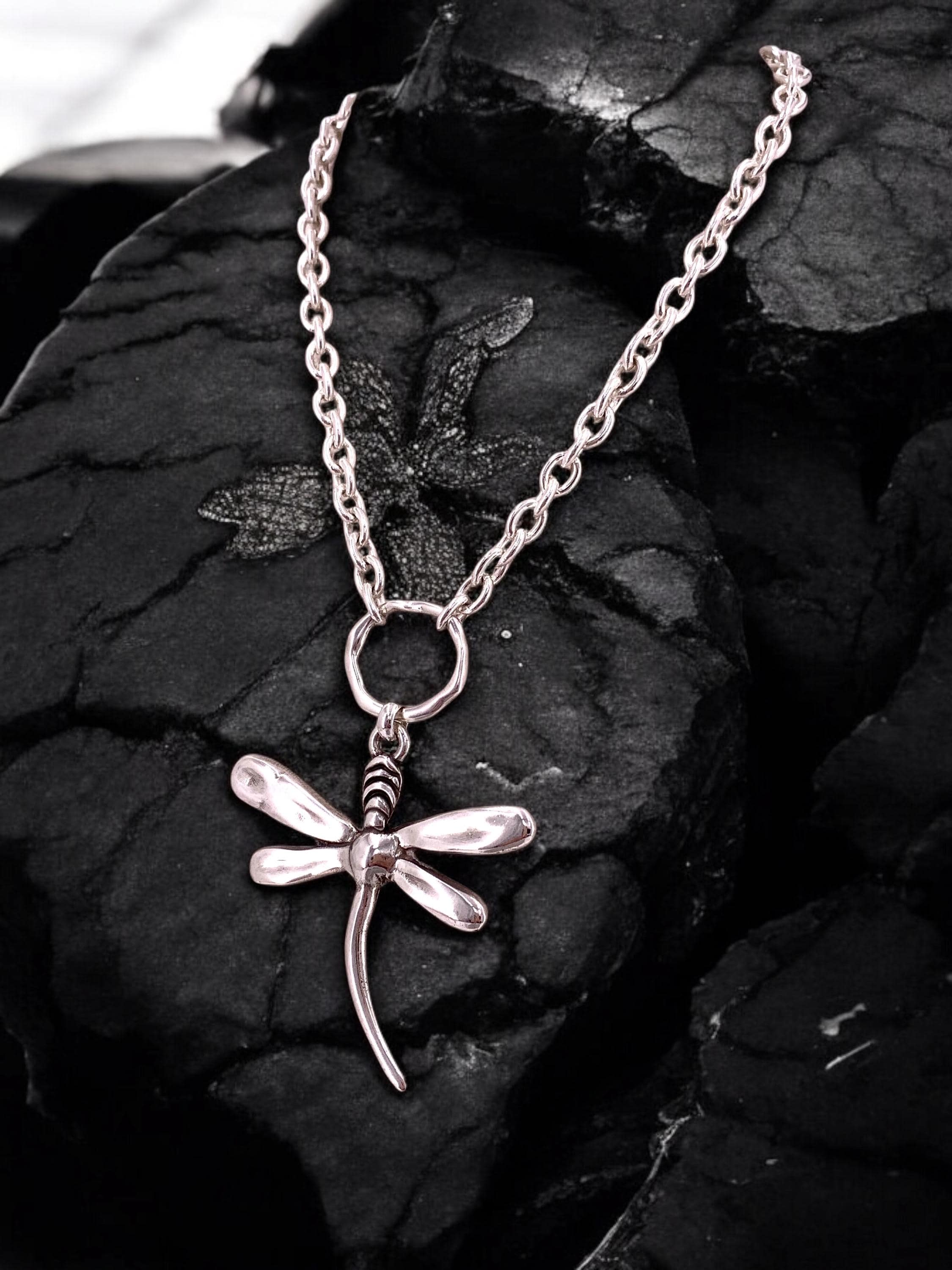 Chunky Silver Chain Necklace with Large Dragonfly Pendant — Statement Jewelry