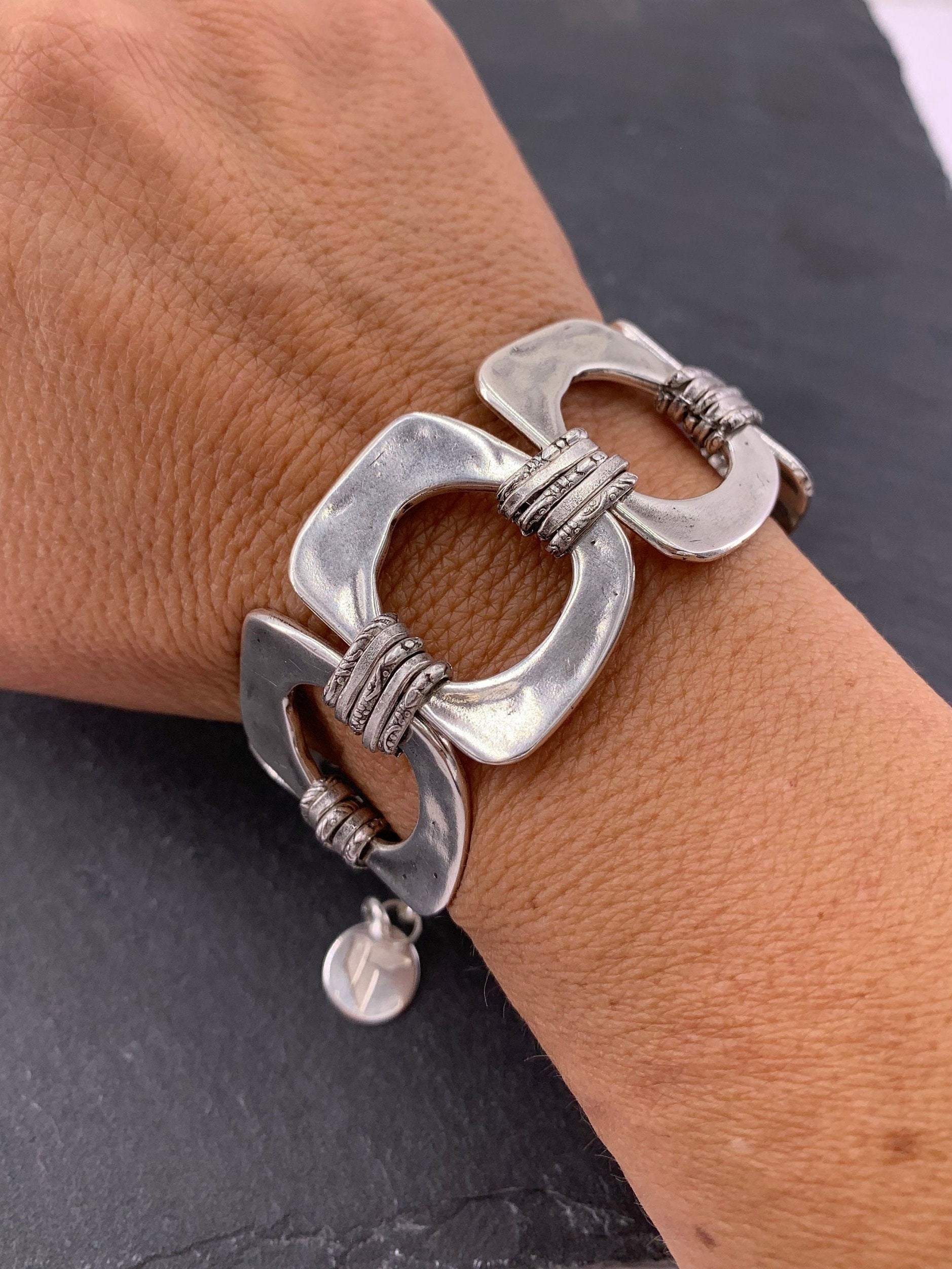 Chunky chain silver geometric bracelet, bold handmade jewelry