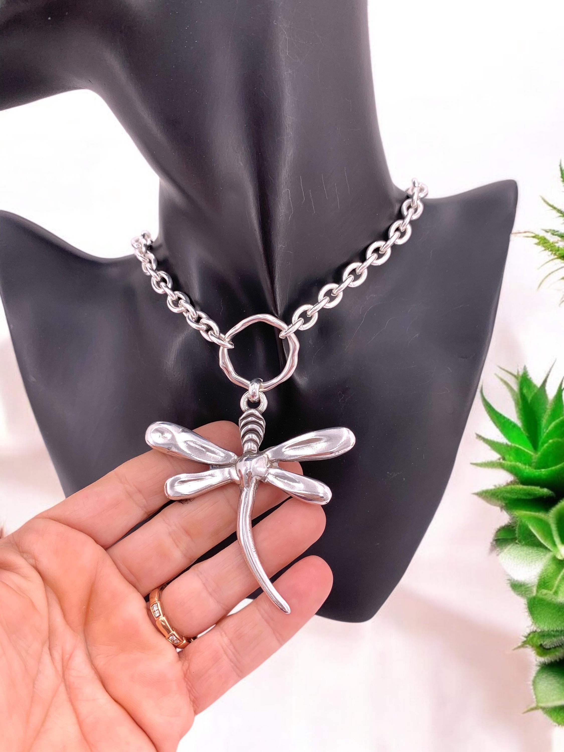 Chunky Silver Chain Necklace with Large Dragonfly Pendant — Statement Jewelry