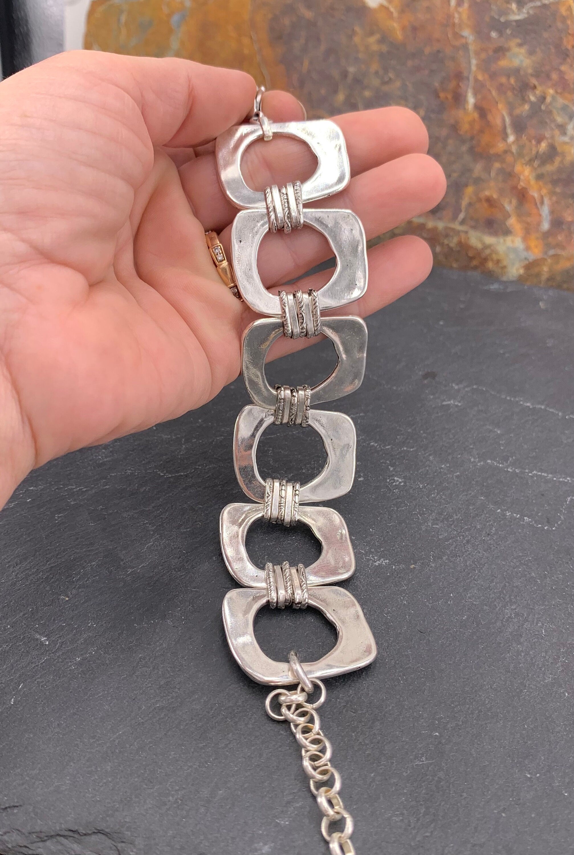 Chunky chain silver geometric bracelet, bold handmade jewelry