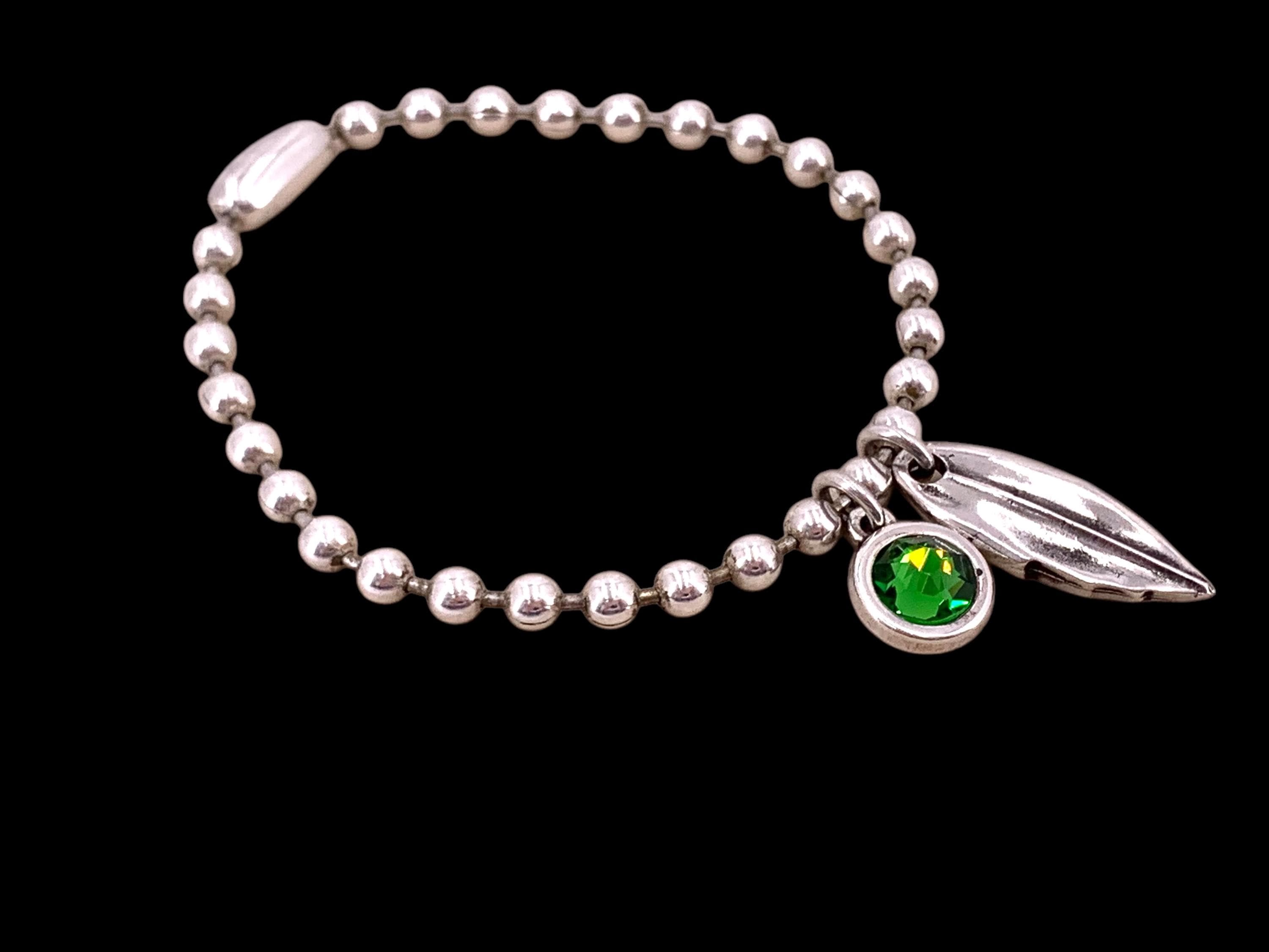 Silver balls chain bracelet with a leaf and Swarovski crystal charm